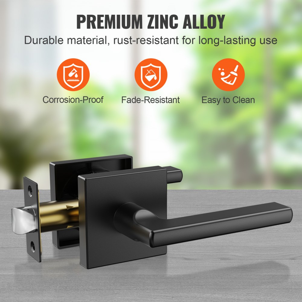 VEVOR Passage Door Handle, 1 Pack Matte Black Door Lever, Left or Right Handing Reversible Lever Non-Locking, 45° Rotation to Open, Square Interior Door Handles for Hallways, Closets, Meeting Spaces 