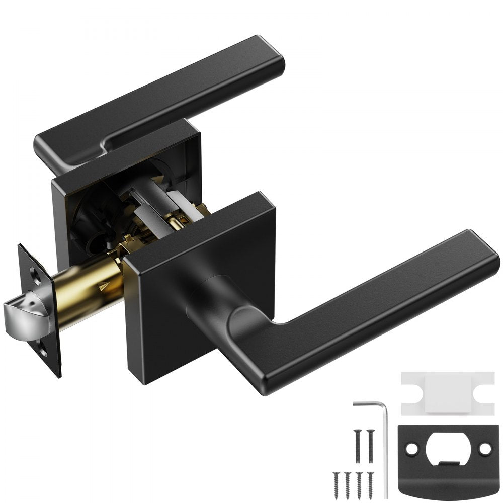 VEVOR Passage Door Handle, 1 Pack Matte Black Door Lever, Left or Right Handing Reversible Lever Non-Locking, 45° Rotation to Open, Square Interior Door Handles for Hallways, Closets, Meeting Spaces 
