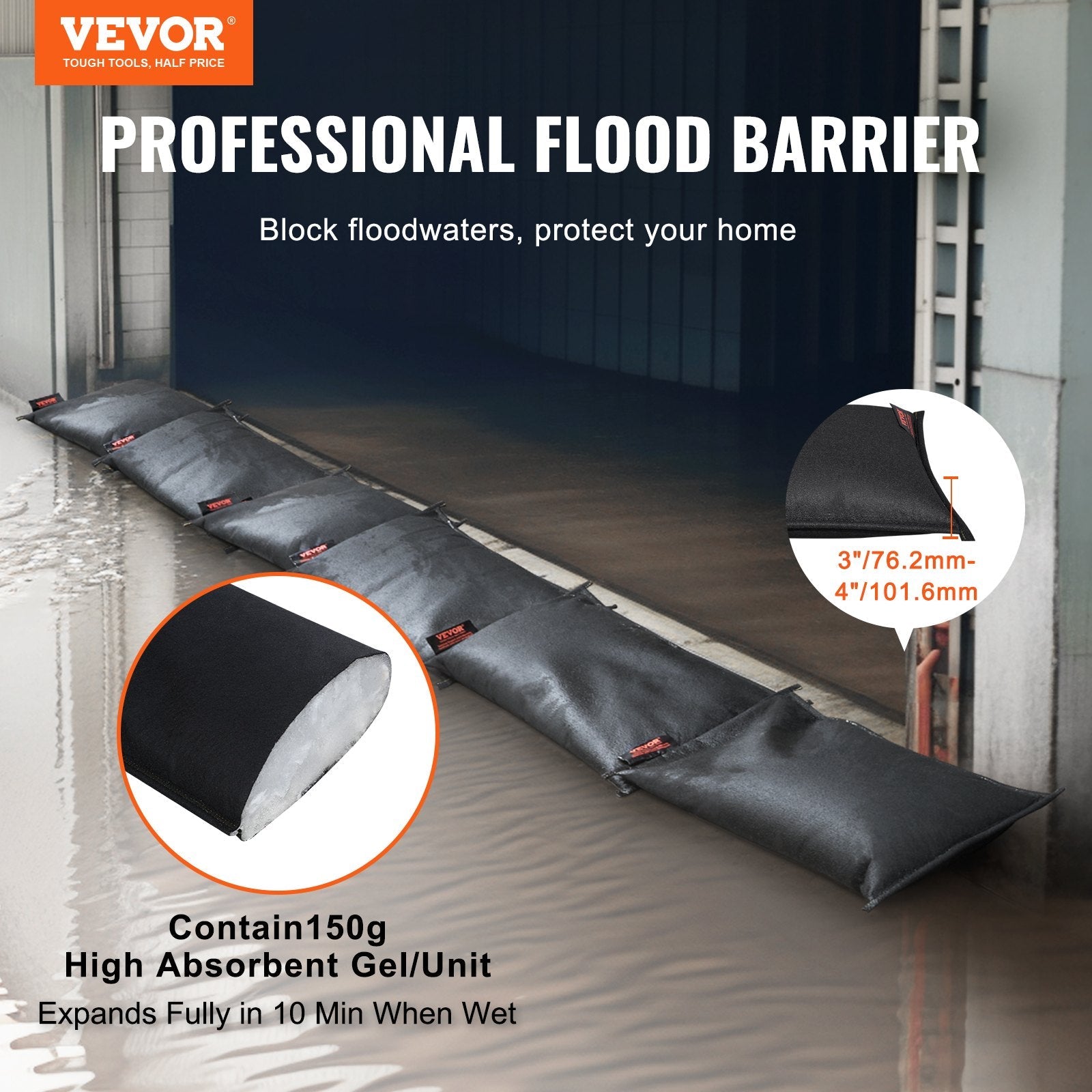 VEVOR Flood Barriers, Water Flood Dam Bags 6 Pack, Water Barriers for Flooding, Water Activated Flood Barriers for Home, Doorway, Driveway(2FT x 1in) 