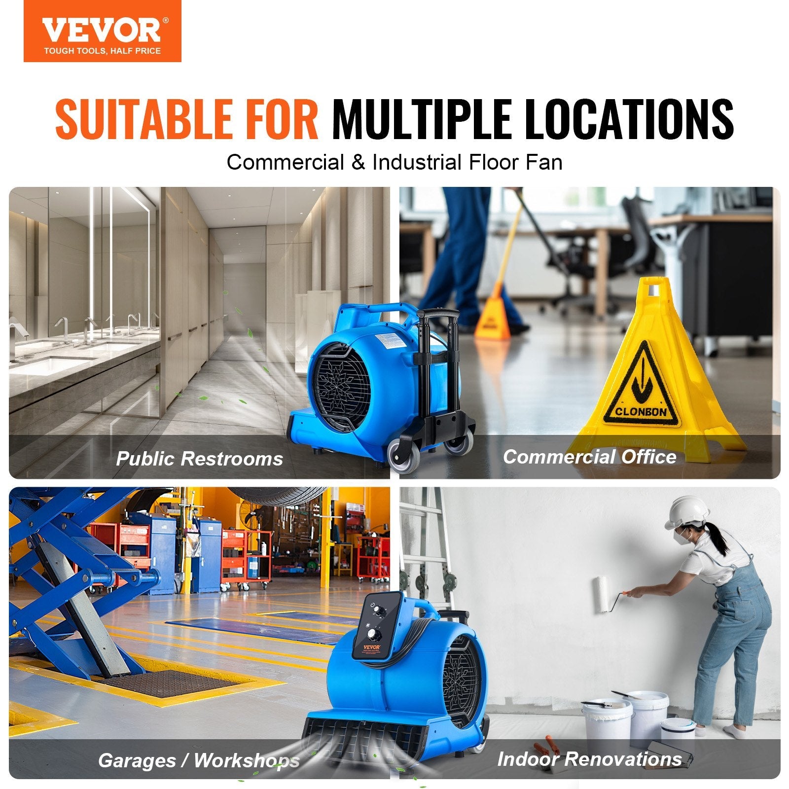 VEVOR Floor Blower 1560 RPM 4000 CFM Air Mover with 3 Blowing Angles 3-Speeds 