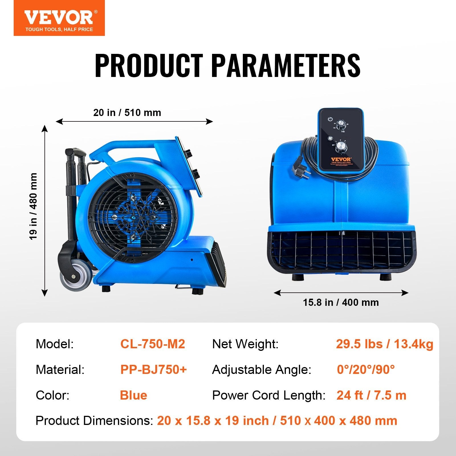 VEVOR Floor Blower 1560 RPM 4000 CFM Air Mover with 3 Blowing Angles 3-Speeds 