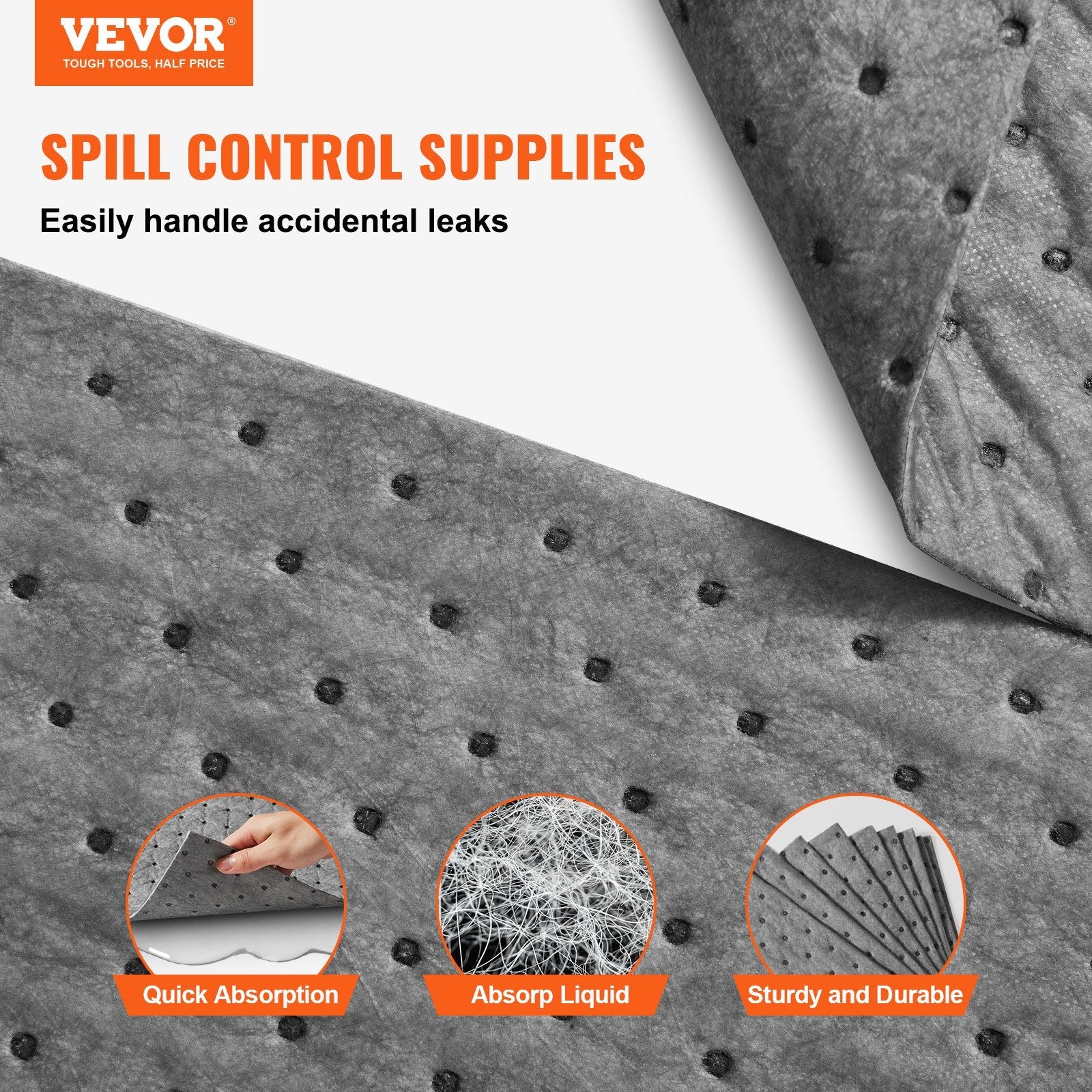 VEVOR Spill Absorbent Pads, Universal Absorbing Mat Absorbs up 12 Gal, 13" L x10" W Polypropylene Absorbent Pad for Oil, Water and Other Liquids, Pack of 100 