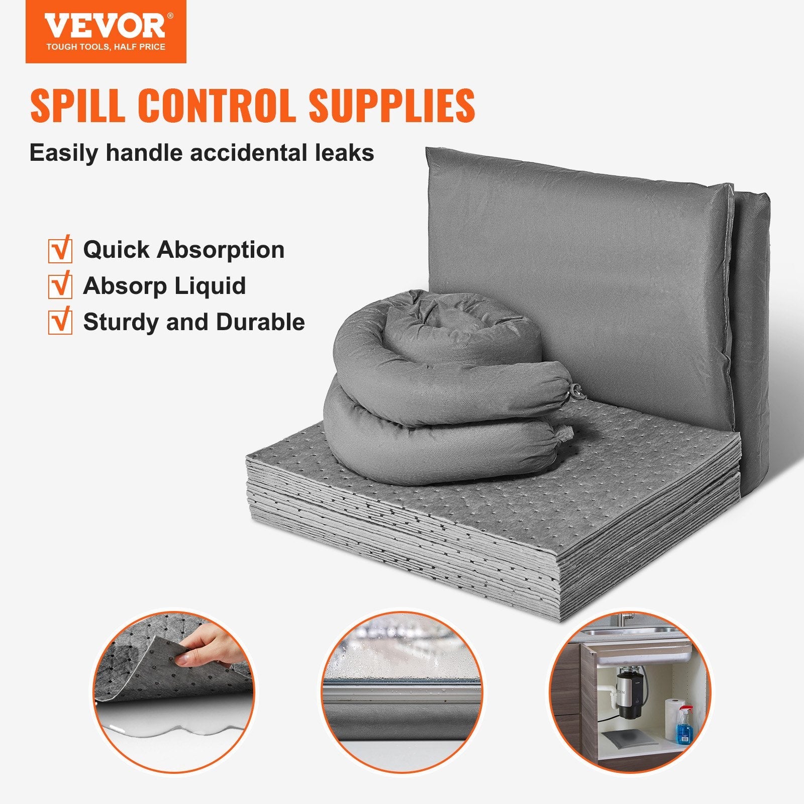 VEVOR Universal Spill Kit, Spill Control Supplies 43 pcs, Includes 30 Universal Sorbent Pads, 2 Universal Sorbent Socks 3"x4', 2 Disposal Pillows, Rubber Gloves, and Bag 