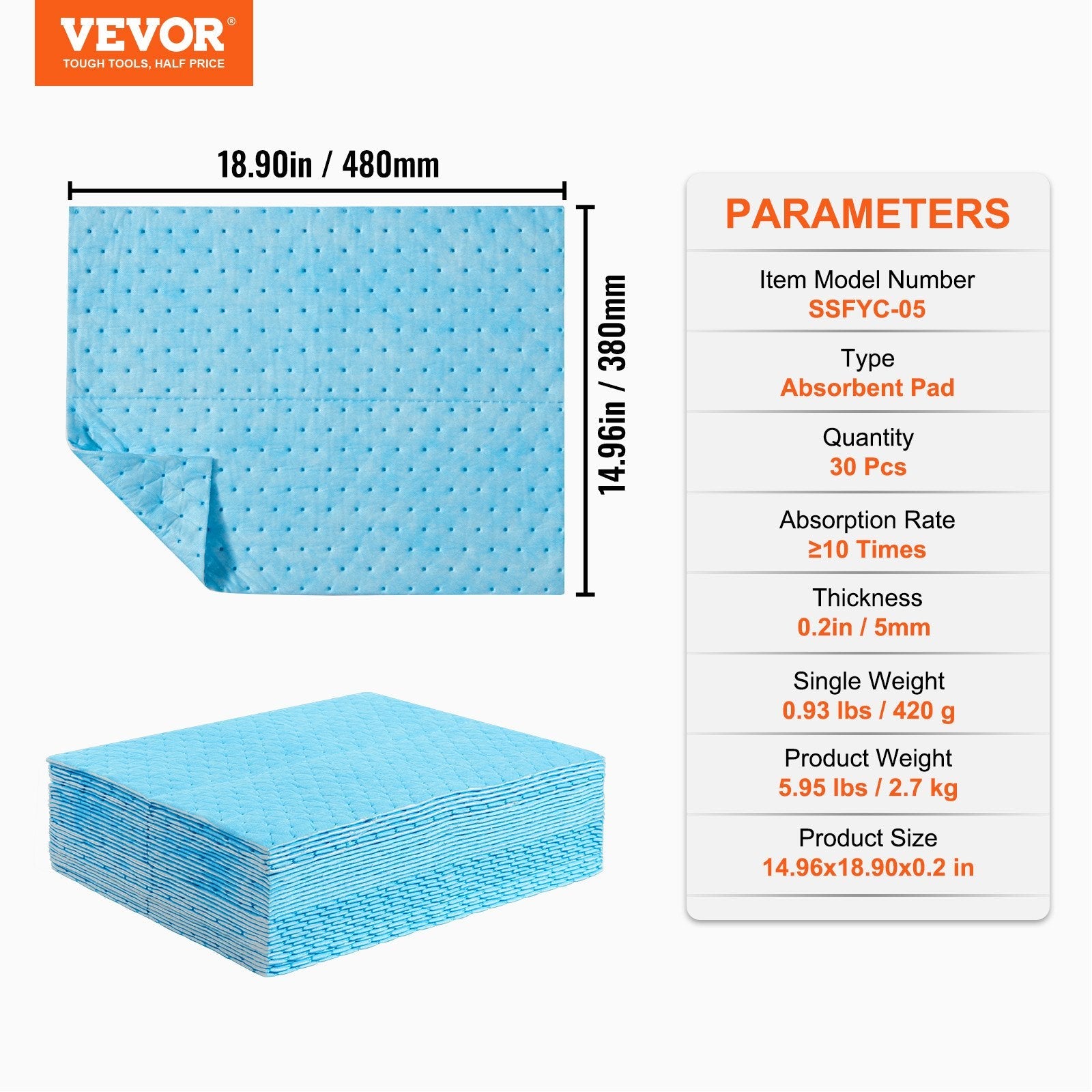 VEVOR Spill Absorbent Pads, Water Absorbing Mat Pad in Dispenser Box, 6 Gal Capacity, 15" L x19" W Polypropylene Absorbent Pad for Water, 30 pcs per Box 