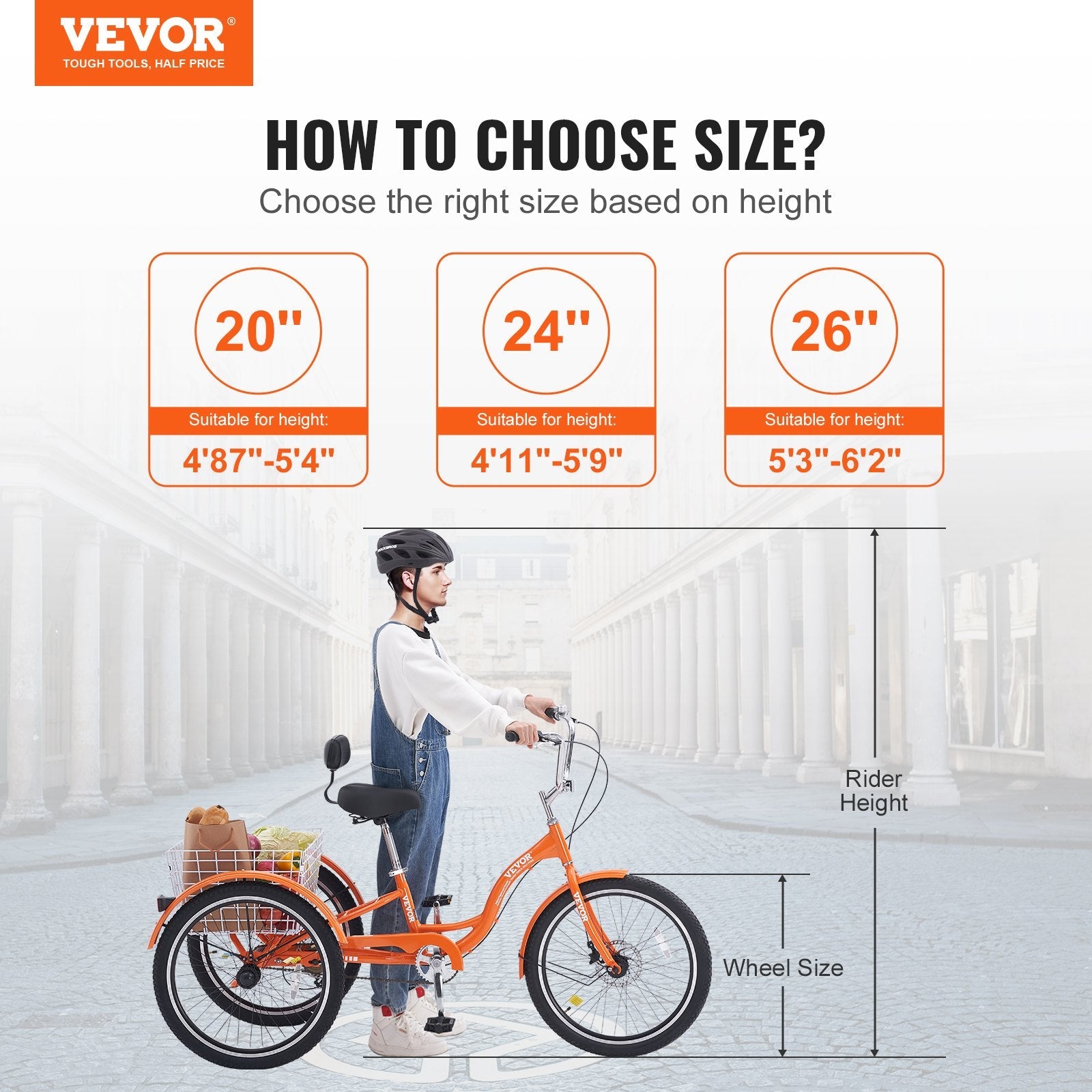 VEVOR Adult Tricycles Bike, 20 Inch Three-Wheeled Bicycles, 3 Wheel Bikes Trikes, Aluminum Alloy Cruiser Bike with Basket & Adjustable Seat, Picnic Shopping Tricycles for Seniors, Women, Men (Orange) 