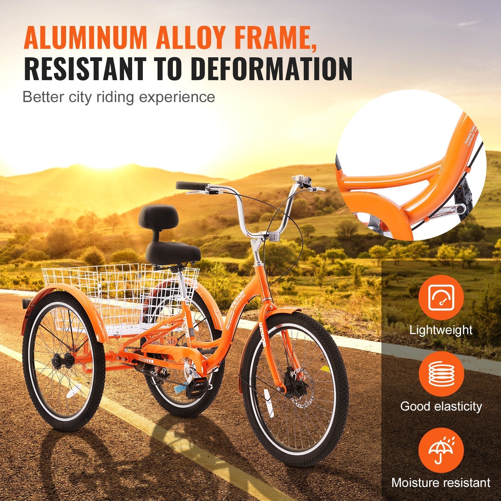 VEVOR Adult Tricycles Bike, 20 Inch Three-Wheeled Bicycles, 3 Wheel Bikes Trikes, Aluminum Alloy Cruiser Bike with Basket & Adjustable Seat, Picnic Shopping Tricycles for Seniors, Women, Men (Orange) 