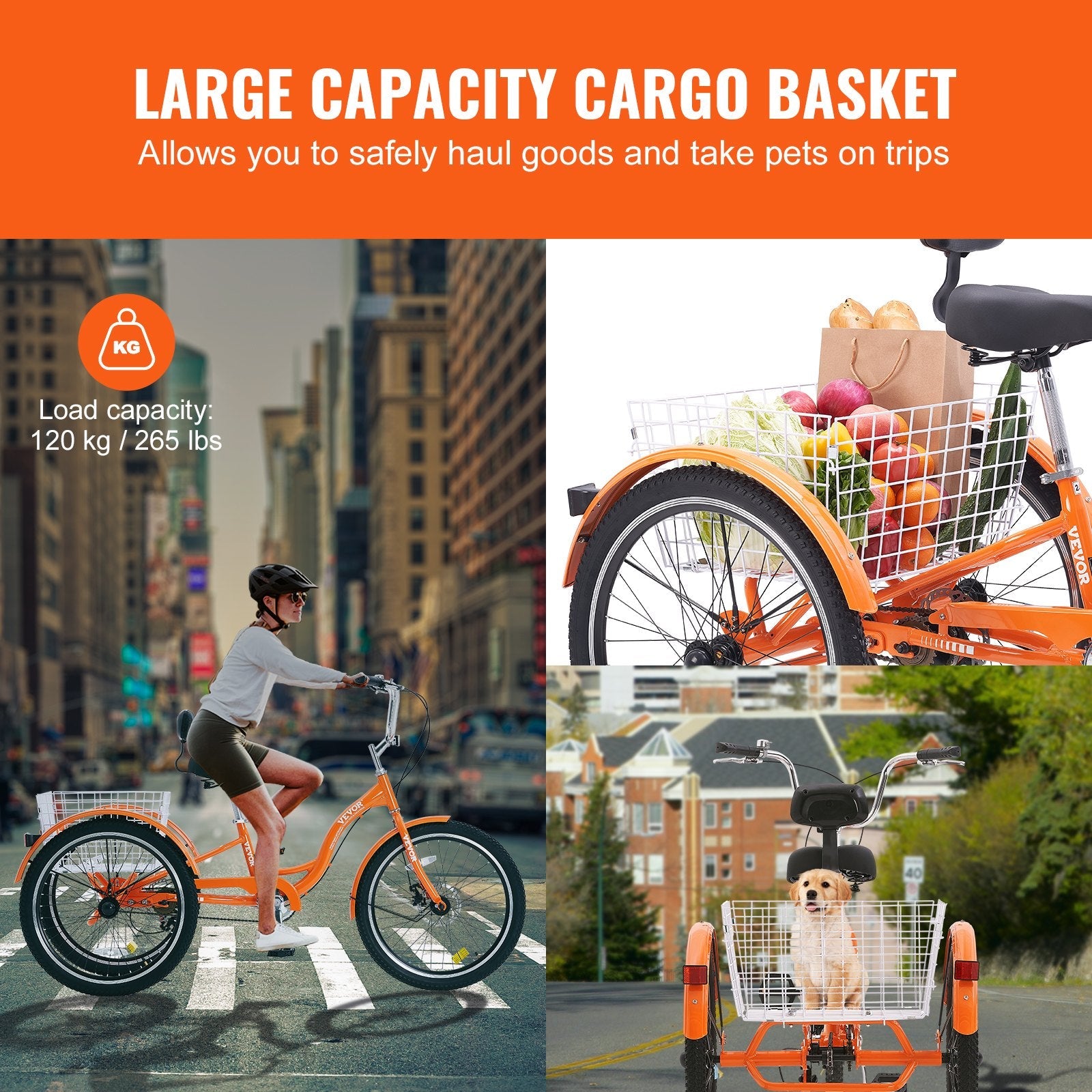 VEVOR Adult Tricycles Bike, 20 Inch Three-Wheeled Bicycles, 3 Wheel Bikes Trikes, Aluminum Alloy Cruiser Bike with Basket & Adjustable Seat, Picnic Shopping Tricycles for Seniors, Women, Men (Orange) 