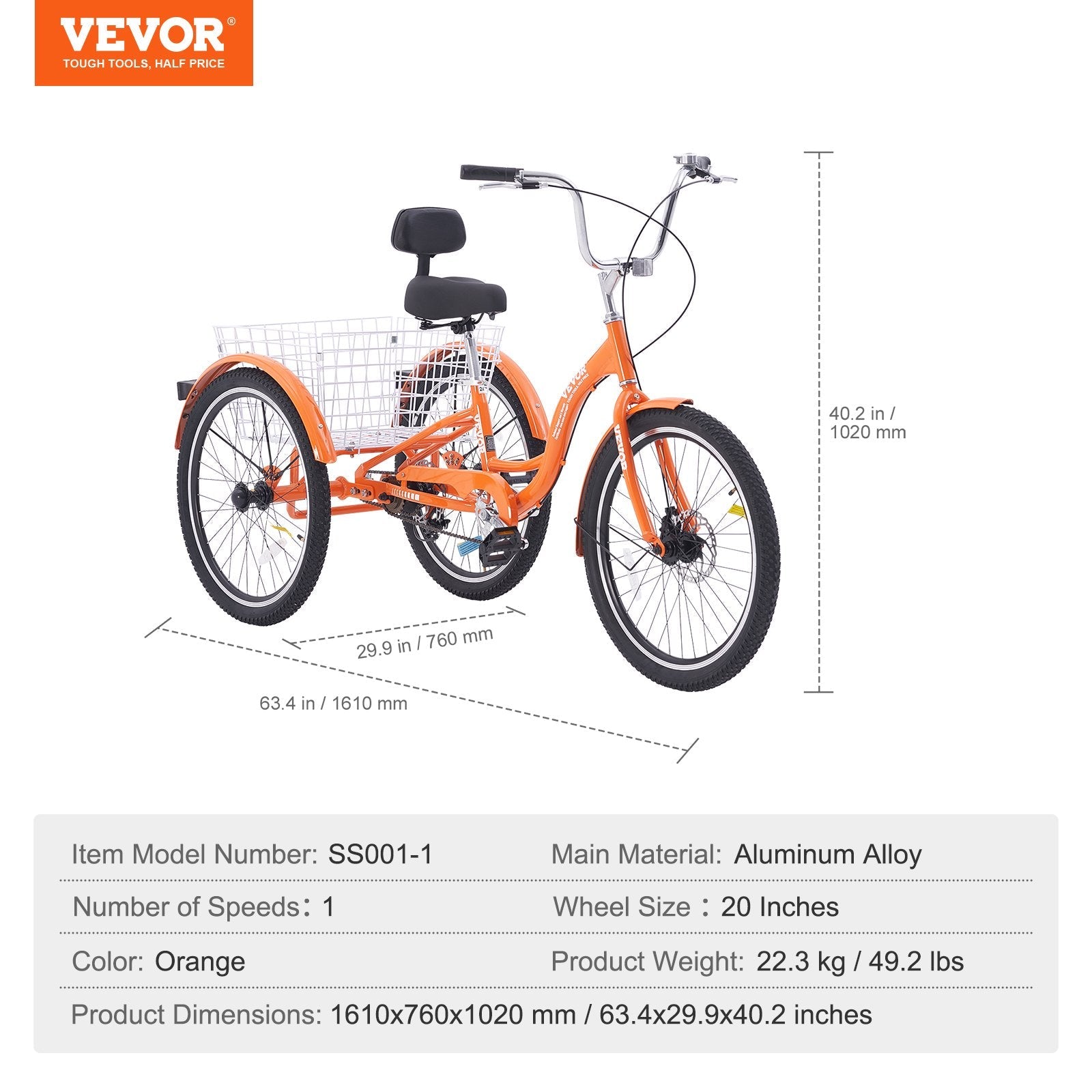 VEVOR Adult Tricycles Bike, 20 Inch Three-Wheeled Bicycles, 3 Wheel Bikes Trikes, Aluminum Alloy Cruiser Bike with Basket & Adjustable Seat, Picnic Shopping Tricycles for Seniors, Women, Men (Orange) 