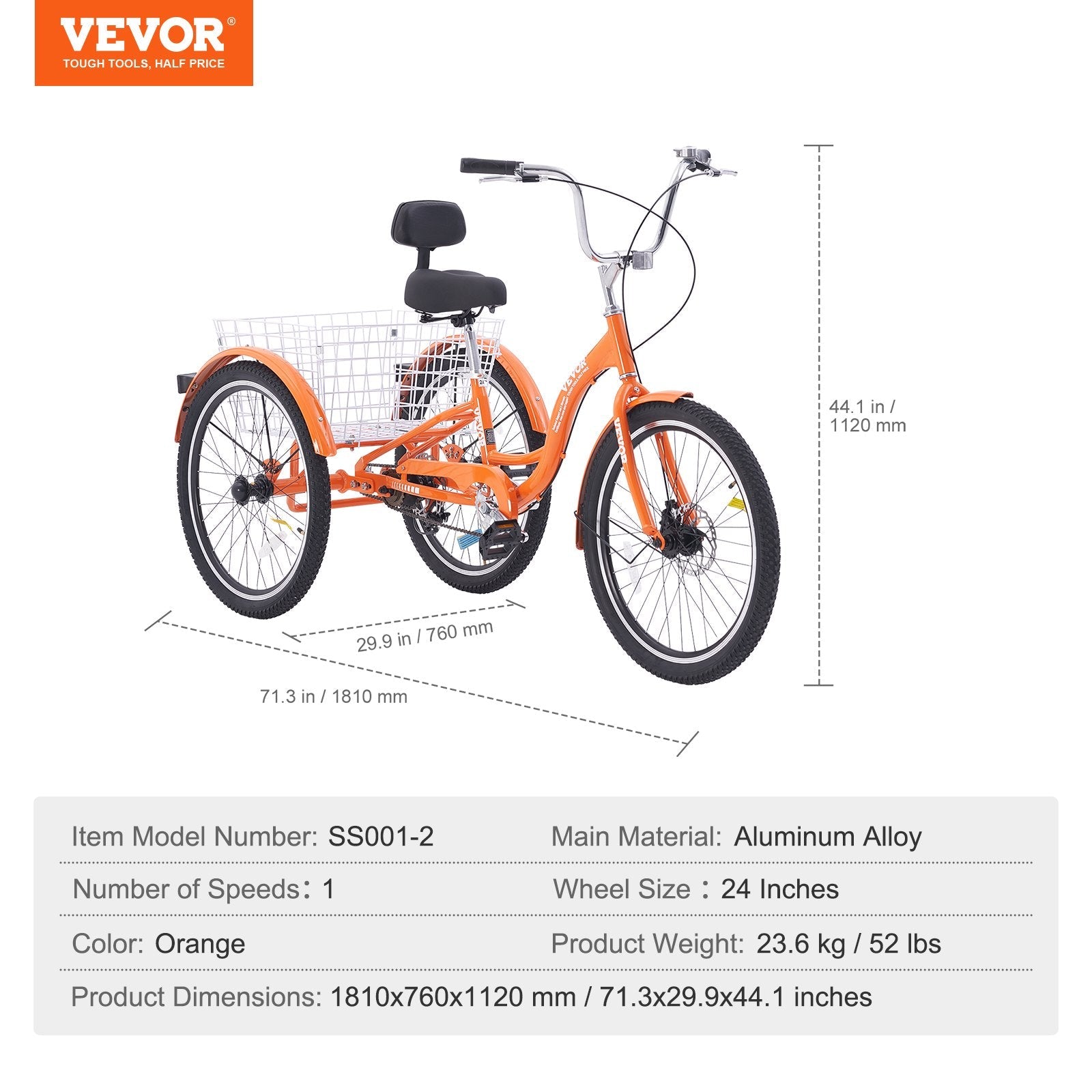 VEVOR Adult Tricycles Bike, 24 Inch Three-Wheeled Bicycles, 3 Wheel Bikes Trikes, Aluminum Alloy Cruiser Bike with Basket & Adjustable Seat, Picnic Shopping Tricycles for Seniors, Women, Men (Orange) 