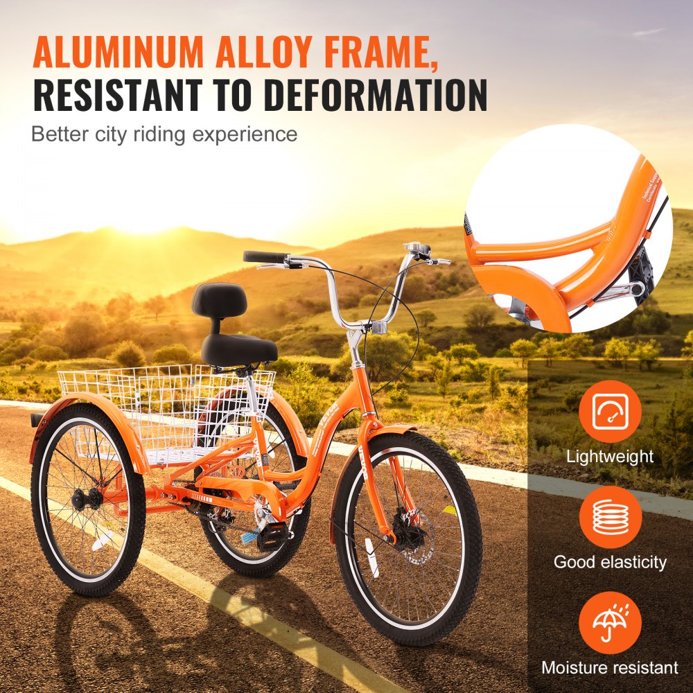 VEVOR Adult Tricycles Bike, 26 Inch Three-Wheeled Bicycles, 3 Wheel Bikes Trikes, Aluminum Alloy Cruiser Bike with Basket & Adjustable Seat, Picnic Shopping Tricycles for Seniors, Women, Men (Orange) 