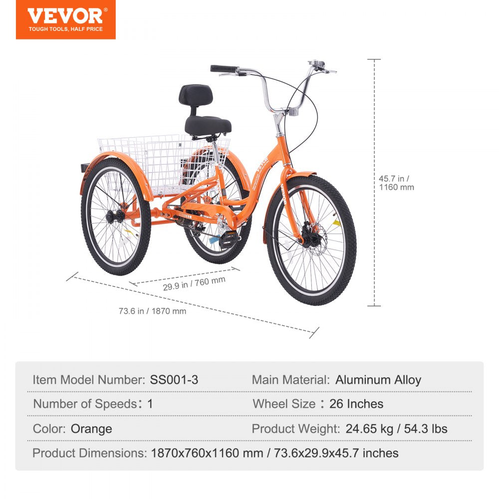 VEVOR Adult Tricycles Bike, 26 Inch Three-Wheeled Bicycles, 3 Wheel Bikes Trikes, Aluminum Alloy Cruiser Bike with Basket & Adjustable Seat, Picnic Shopping Tricycles for Seniors, Women, Men (Orange) 