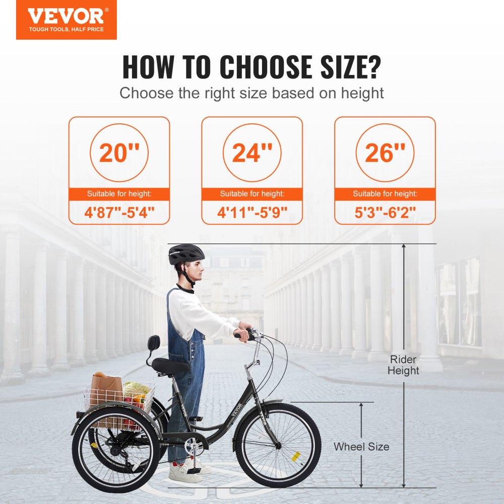 VEVOR Adult Tricycles Bike, 7 Speed Adult Trikes, 26 Inch Three-Wheeled Bicycles, Carbon Steel Cruiser Bike with Basket and Adjustable Seat, Picnic Shopping Tricycles for Seniors, Women, Men (Black) 
