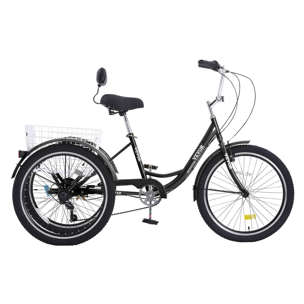 VEVOR Adult Tricycles Bike, 7 Speed Adult Trikes, 26 Inch Three-Wheeled Bicycles, Carbon Steel Cruiser Bike with Basket and Adjustable Seat, Picnic Shopping Tricycles for Seniors, Women, Men (Black) 
