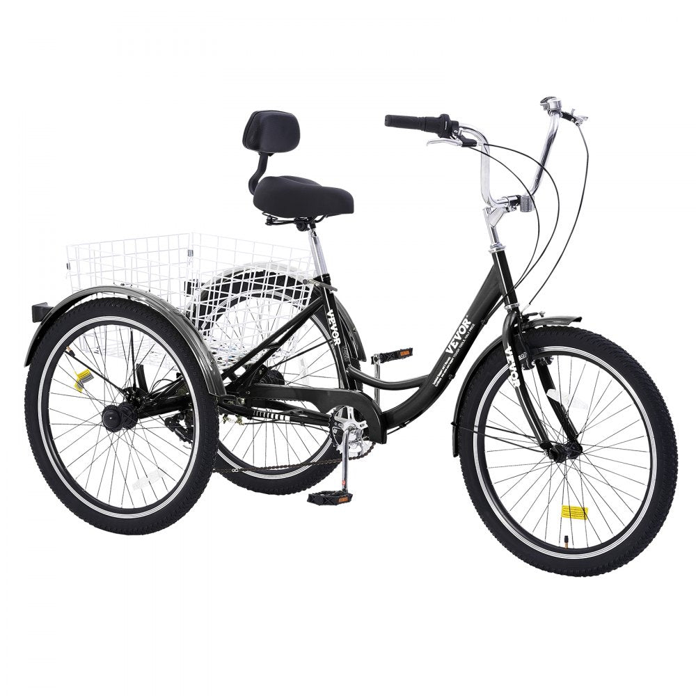 VEVOR Adult Tricycles Bike, 7 Speed Adult Trikes, 26 Inch Three-Wheeled Bicycles, Carbon Steel Cruiser Bike with Basket and Adjustable Seat, Picnic Shopping Tricycles for Seniors, Women, Men (Black) 