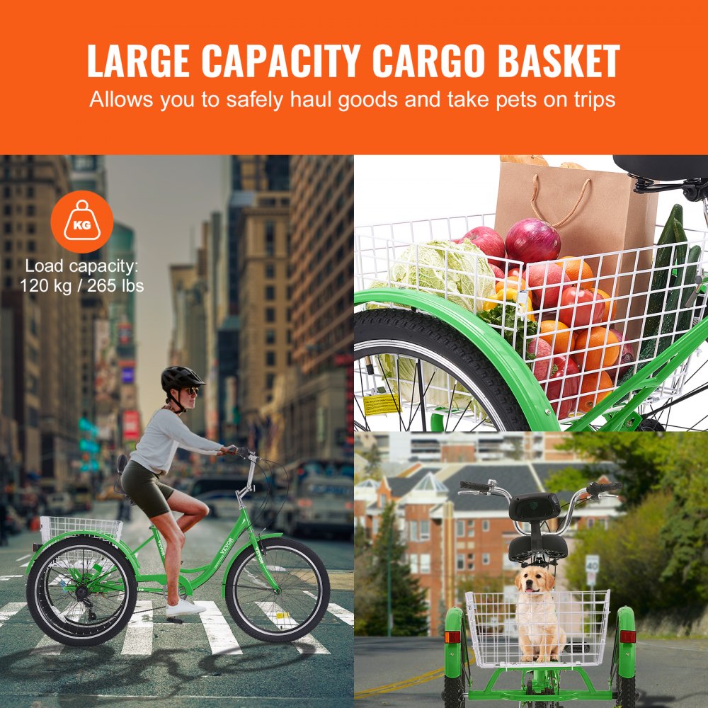 VEVOR Adult Tricycles Bike, 7 Speed Adult Trikes, 26 Inch Three-Wheeled Bicycles, Carbon Steel Cruiser Bike with Basket and Adjustable Seat, Picnic Shopping Tricycles for Seniors, Women, Men (Green) 