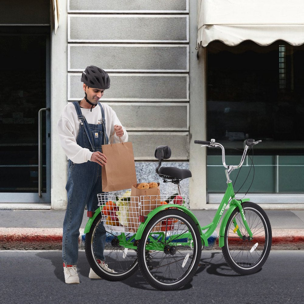 VEVOR Adult Tricycles Bike, 7 Speed Adult Trikes, 26 Inch Three-Wheeled Bicycles, Carbon Steel Cruiser Bike with Basket and Adjustable Seat, Picnic Shopping Tricycles for Seniors, Women, Men (Green) 
