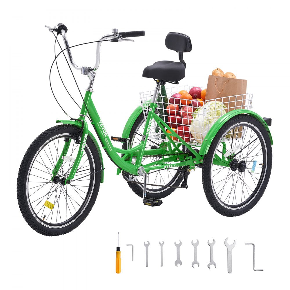 VEVOR Adult Tricycles Bike, 7 Speed Adult Trikes, 26 Inch Three-Wheeled Bicycles, Carbon Steel Cruiser Bike with Basket and Adjustable Seat, Picnic Shopping Tricycles for Seniors, Women, Men (Green) 
