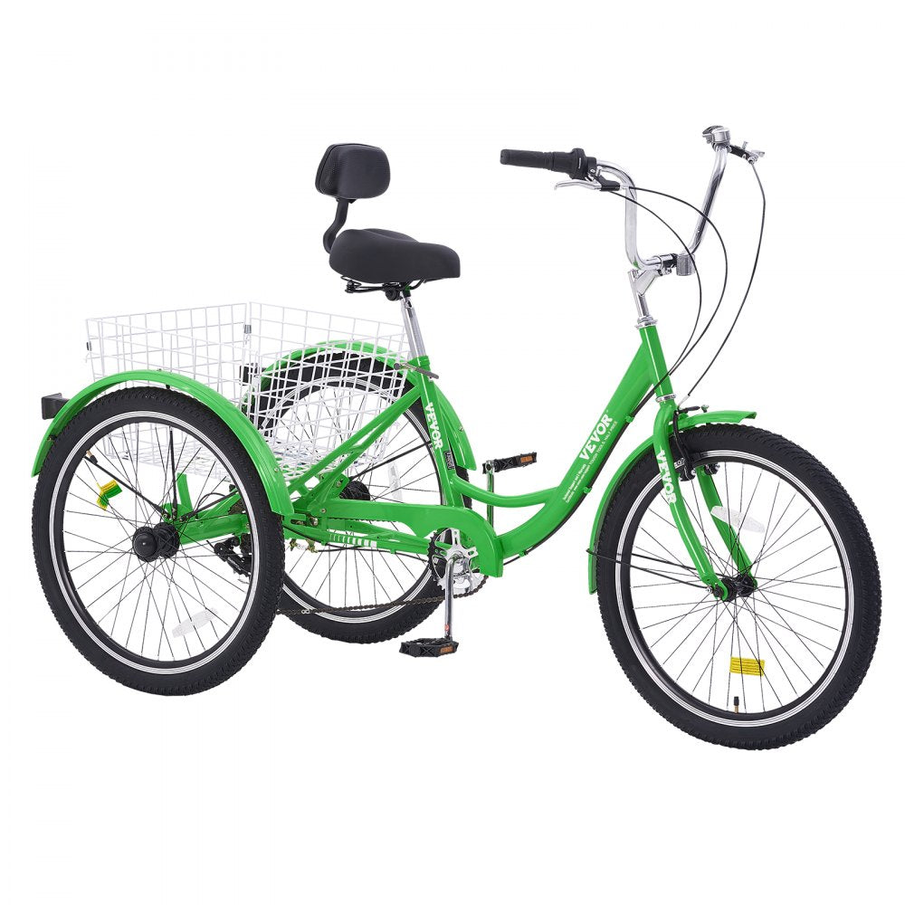 VEVOR Adult Tricycles Bike, 7 Speed Adult Trikes, 26 Inch Three-Wheeled Bicycles, Carbon Steel Cruiser Bike with Basket and Adjustable Seat, Picnic Shopping Tricycles for Seniors, Women, Men (Green) 