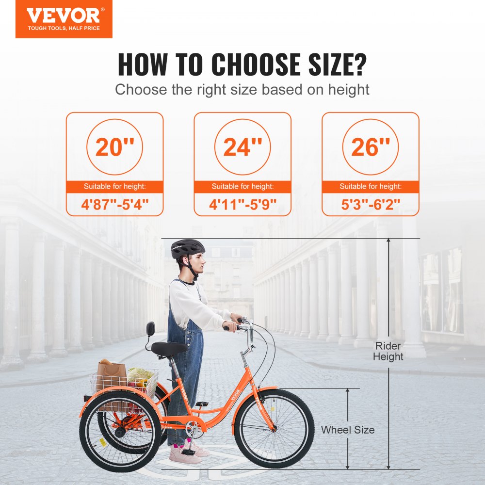 VEVOR Adult Tricycles Bike, 26 Inch Three-Wheeled Bicycles, 3 Wheel Bikes Trikes, Carbon Steel Cruiser Bike with Basket & Adjustable Seat, Picnic Shopping Tricycles for Seniors, Women, Men (Orange) 