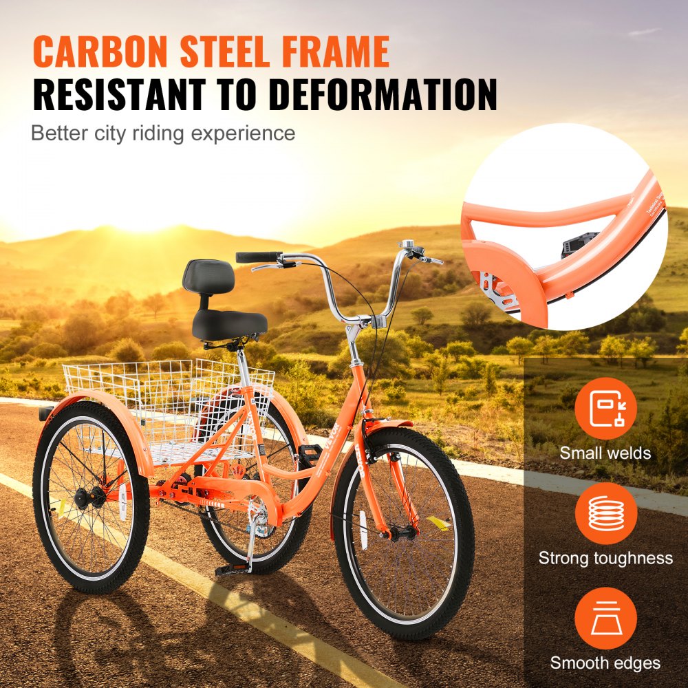 VEVOR Adult Tricycles Bike, 26 Inch Three-Wheeled Bicycles, 3 Wheel Bikes Trikes, Carbon Steel Cruiser Bike with Basket & Adjustable Seat, Picnic Shopping Tricycles for Seniors, Women, Men (Orange) 