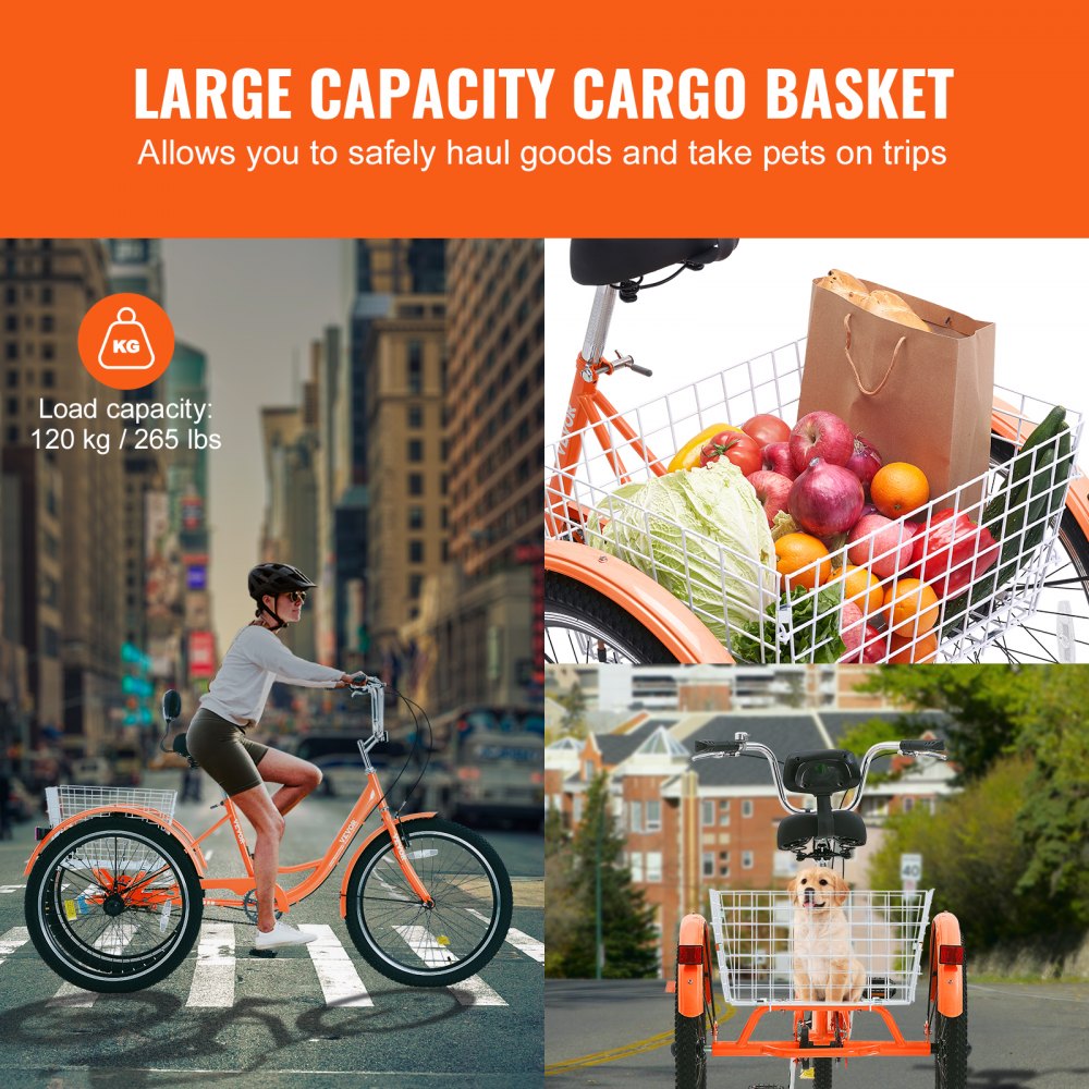 VEVOR Adult Tricycles Bike, 26 Inch Three-Wheeled Bicycles, 3 Wheel Bikes Trikes, Carbon Steel Cruiser Bike with Basket & Adjustable Seat, Picnic Shopping Tricycles for Seniors, Women, Men (Orange) 