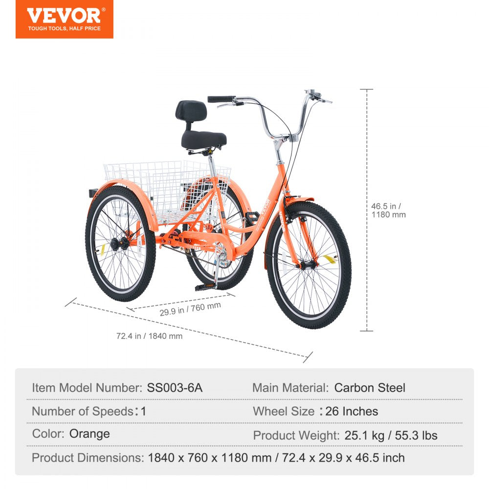 VEVOR Adult Tricycles Bike, 26 Inch Three-Wheeled Bicycles, 3 Wheel Bikes Trikes, Carbon Steel Cruiser Bike with Basket & Adjustable Seat, Picnic Shopping Tricycles for Seniors, Women, Men (Orange) 