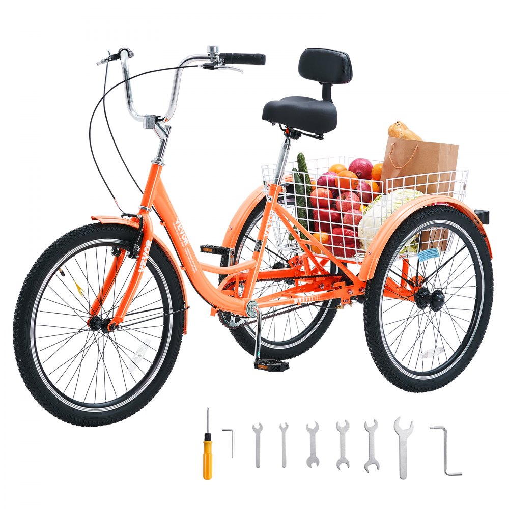 VEVOR Adult Tricycles Bike, 26 Inch Three-Wheeled Bicycles, 3 Wheel Bikes Trikes, Carbon Steel Cruiser Bike with Basket & Adjustable Seat, Picnic Shopping Tricycles for Seniors, Women, Men (Orange) 