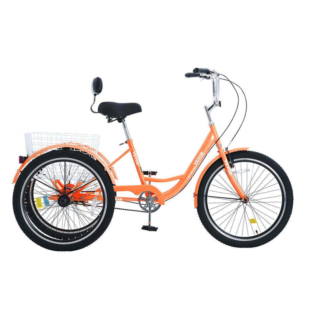 VEVOR Adult Tricycles Bike, 26 Inch Three-Wheeled Bicycles, 3 Wheel Bikes Trikes, Carbon Steel Cruiser Bike with Basket & Adjustable Seat, Picnic Shopping Tricycles for Seniors, Women, Men (Orange) 