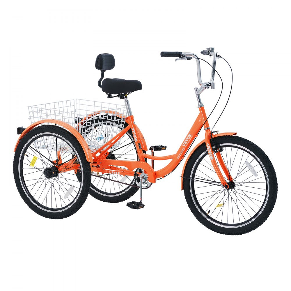 VEVOR Adult Tricycles Bike, 26 Inch Three-Wheeled Bicycles, 3 Wheel Bikes Trikes, Carbon Steel Cruiser Bike with Basket & Adjustable Seat, Picnic Shopping Tricycles for Seniors, Women, Men (Orange) 