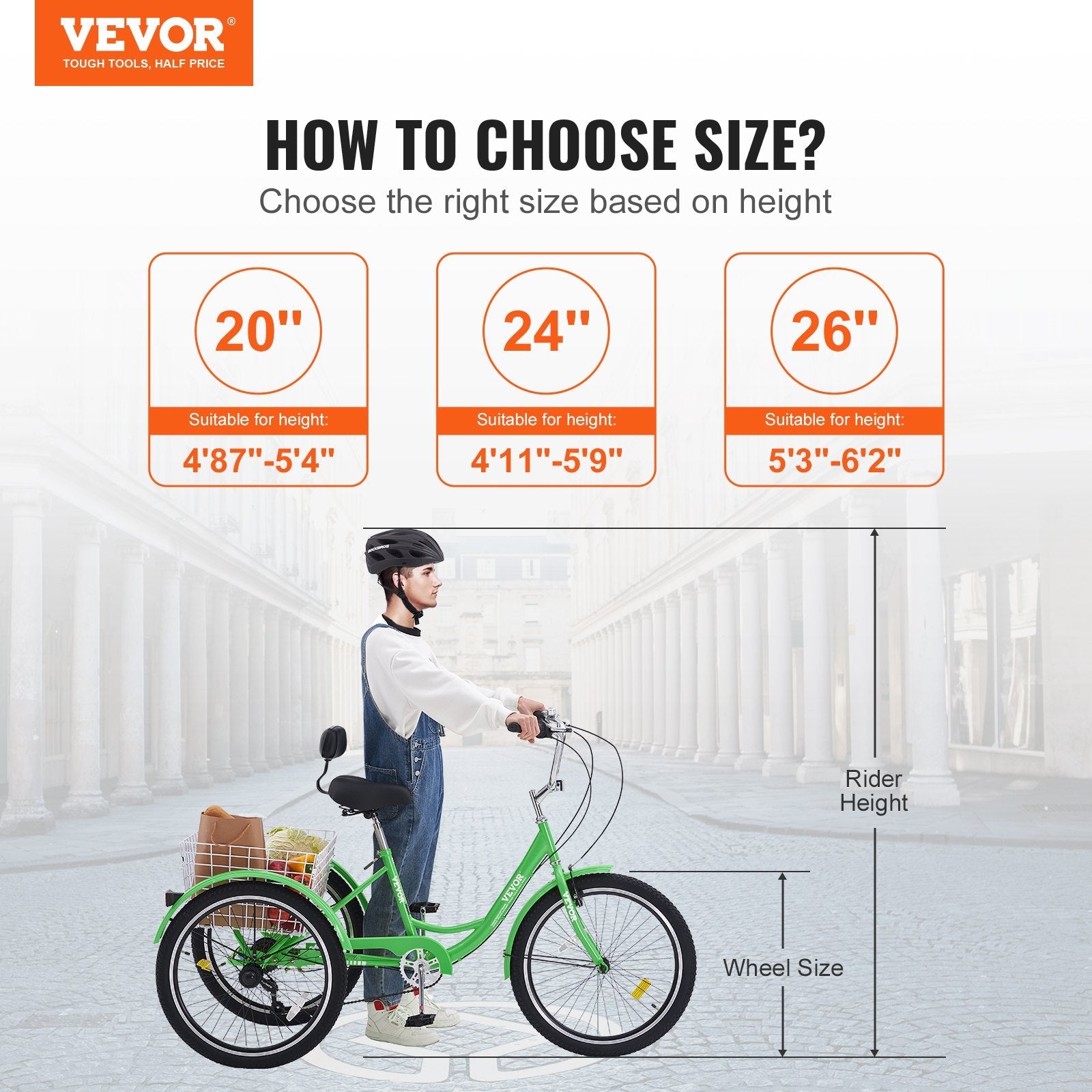 VEVOR Adult Tricycles Bike, 7 Speed Adult Trikes, 20 Inch Three-Wheeled Bicycles, Carbon Steel Cruiser Bike with Basket and Adjustable Seat, Picnic Shopping Tricycles for Seniors, Women, Men (Green) 