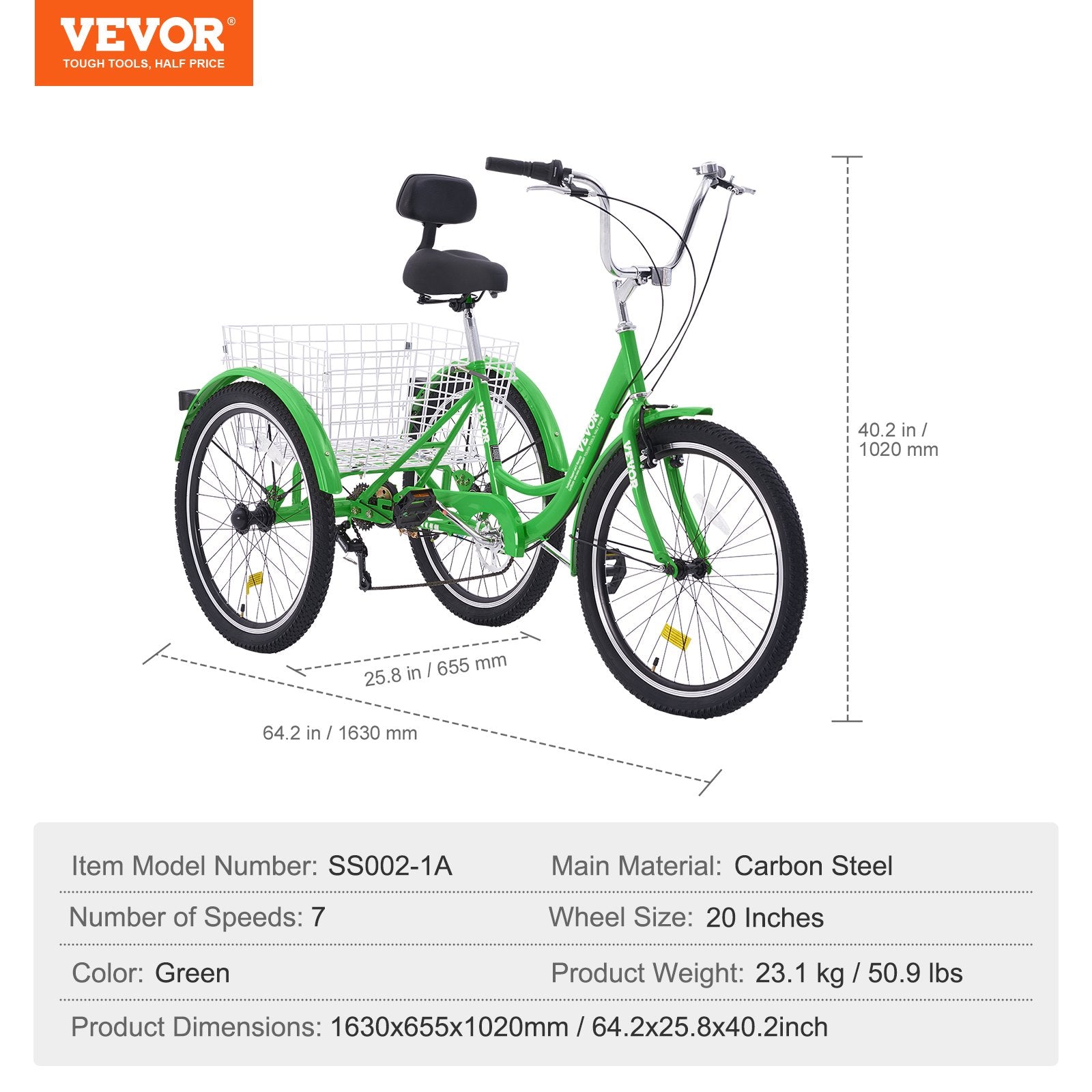 VEVOR Adult Tricycles Bike, 7 Speed Adult Trikes, 20 Inch Three-Wheeled Bicycles, Carbon Steel Cruiser Bike with Basket and Adjustable Seat, Picnic Shopping Tricycles for Seniors, Women, Men (Green) 