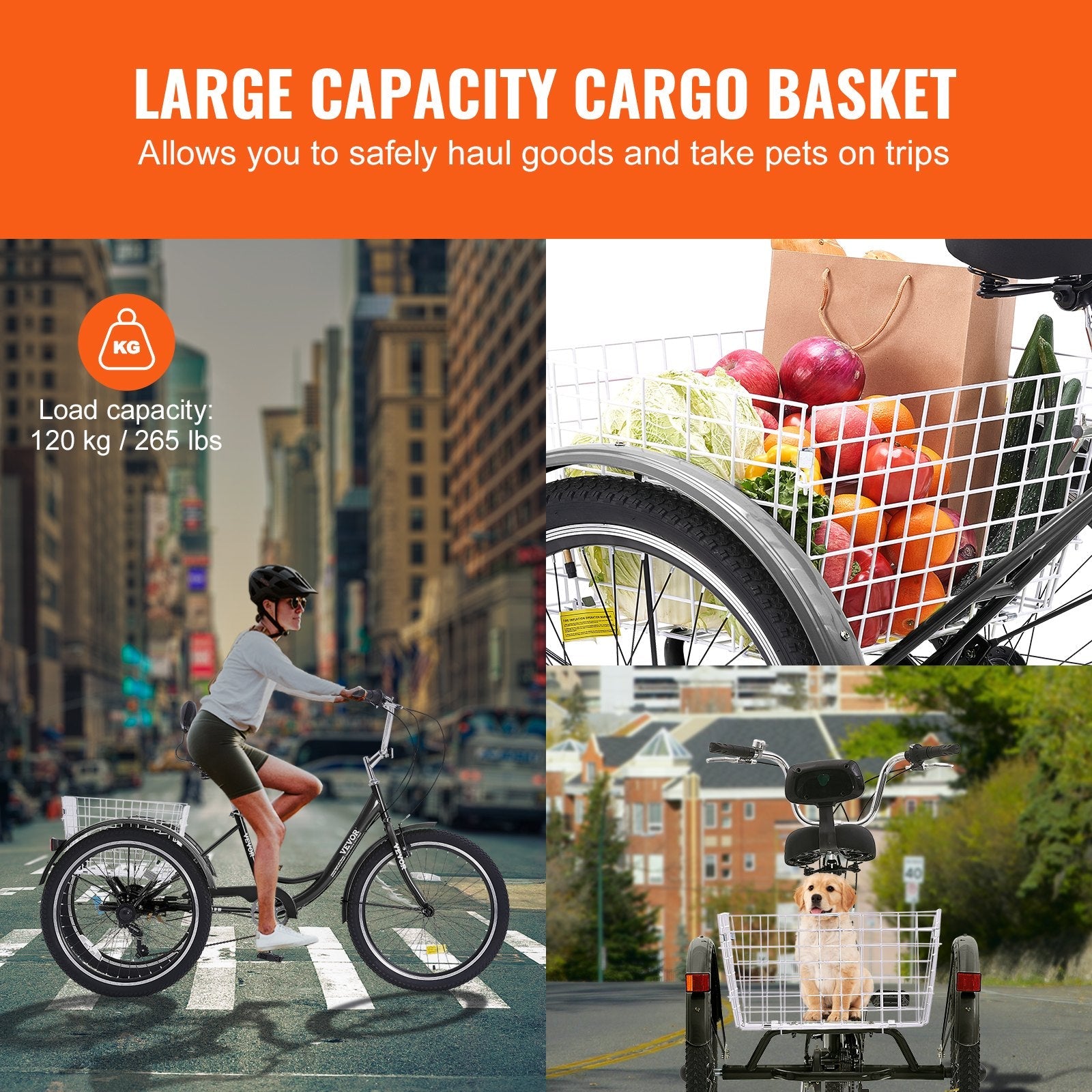 VEVOR Adult Tricycles Bike, 7 Speed Adult Trikes, 20 Inch Three-Wheeled Bicycles, Carbon Steel Cruiser Bike with Basket and Adjustable Seat, Picnic Shopping Tricycles for Seniors, Women, Men (Black) 