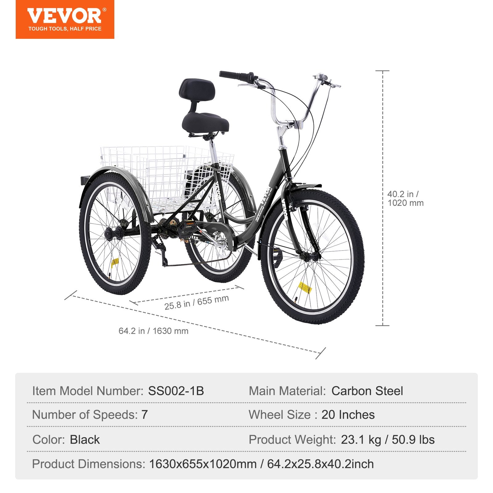 VEVOR Adult Tricycles Bike, 7 Speed Adult Trikes, 20 Inch Three-Wheeled Bicycles, Carbon Steel Cruiser Bike with Basket and Adjustable Seat, Picnic Shopping Tricycles for Seniors, Women, Men (Black) 