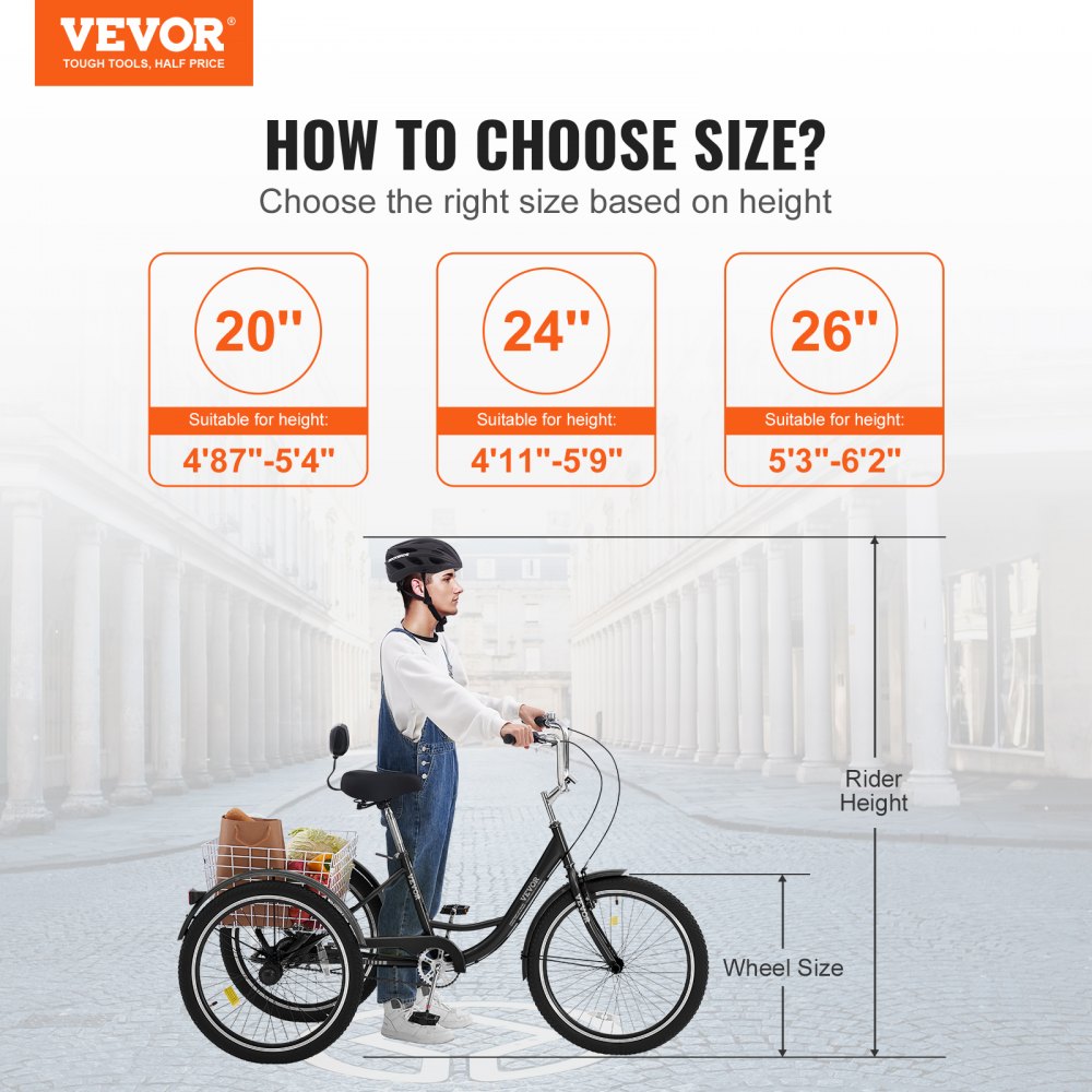 VEVOR Adult Tricycles Bike, 20 Inch Three-Wheeled Bicycles, 3 Wheel Bikes Trikes, Carbon Steel Cruiser Bike with Basket & Adjustable Seat, Picnic Shopping Tricycles for Seniors, Women, Men (Black) 