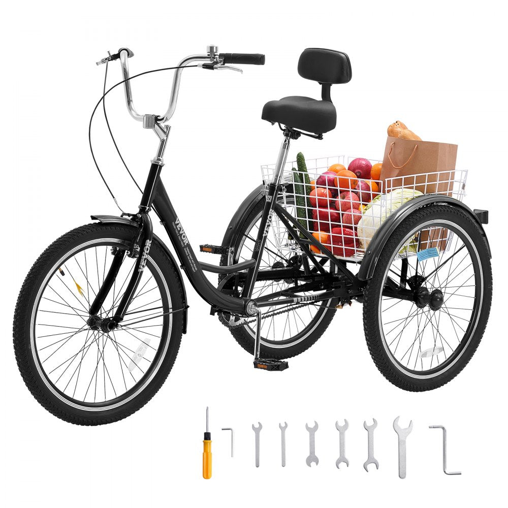 VEVOR Adult Tricycles Bike, 20 Inch Three-Wheeled Bicycles, 3 Wheel Bikes Trikes, Carbon Steel Cruiser Bike with Basket & Adjustable Seat, Picnic Shopping Tricycles for Seniors, Women, Men (Black) 