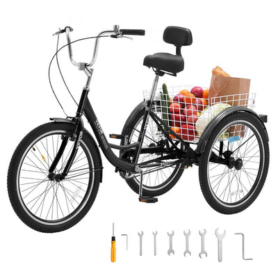 VEVOR Adult Tricycles Bike, 20 Inch Three-Wheeled Bicycles, 3 Wheel Bikes Trikes, Carbon Steel Cruiser Bike with Basket & Adjustable Seat, Picnic Shopping Tricycles for Seniors, Women, Men (Black) 