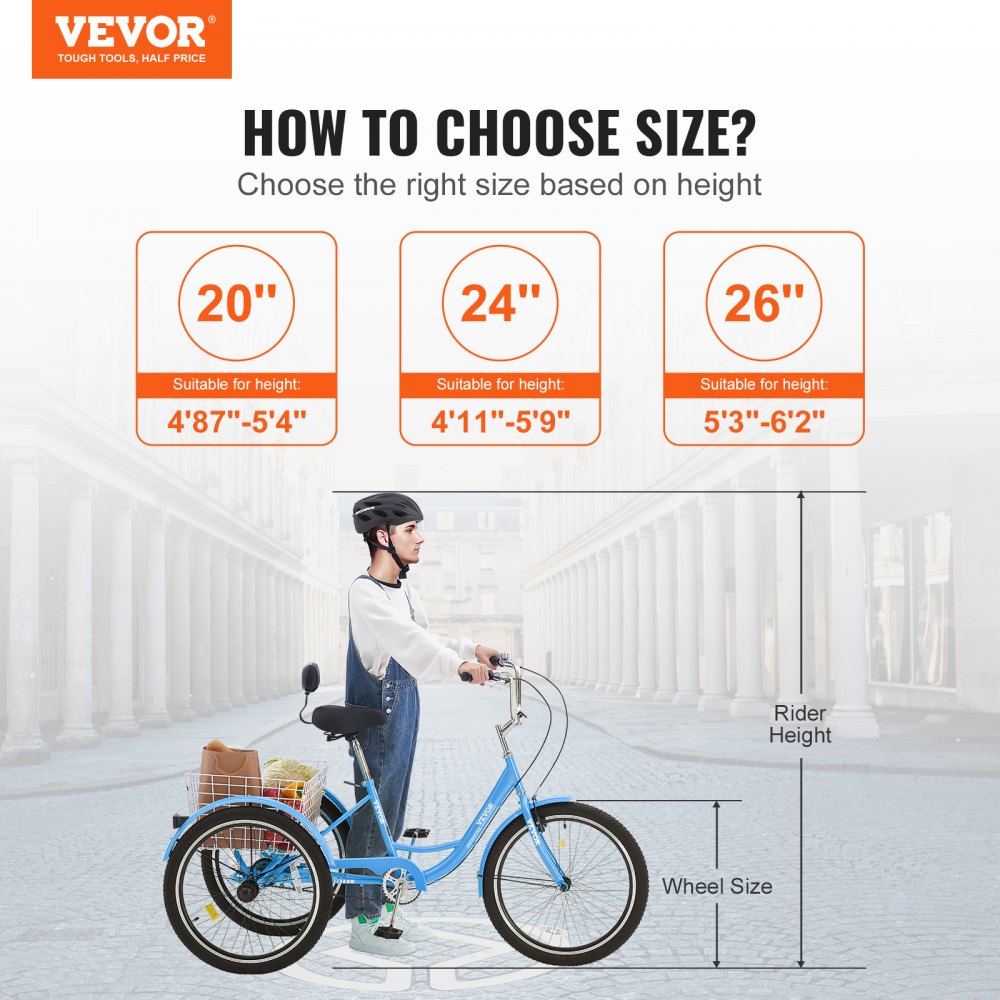 VEVOR Adult Tricycles Bike, 26 Inch Three-Wheeled Bicycles, 3 Wheel Bikes Trikes, Carbon Steel Cruiser Bike with Basket & Adjustable Seat, Picnic Shopping Tricycles for Seniors, Women, Men (Blue) 