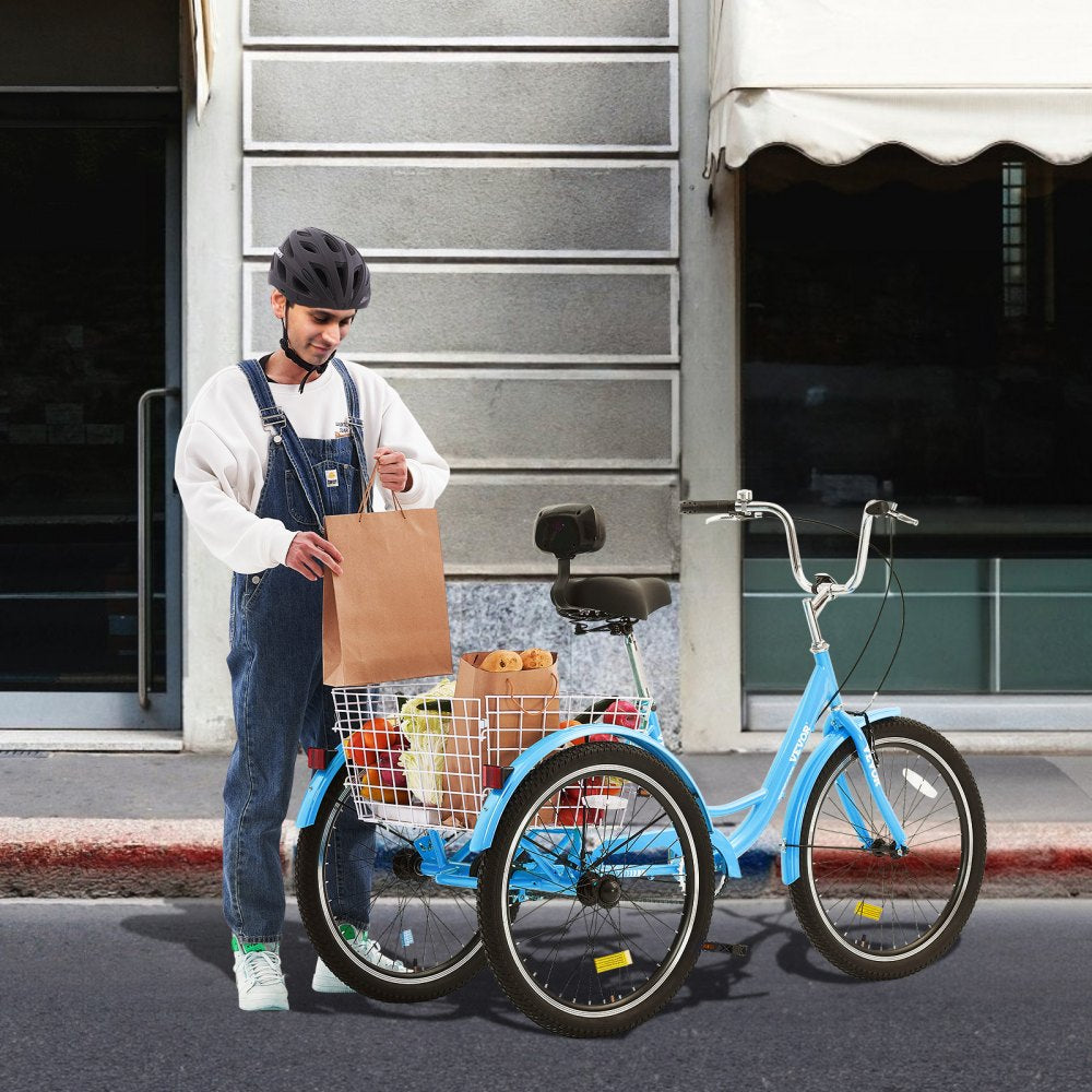 VEVOR Adult Tricycles Bike, 26 Inch Three-Wheeled Bicycles, 3 Wheel Bikes Trikes, Carbon Steel Cruiser Bike with Basket & Adjustable Seat, Picnic Shopping Tricycles for Seniors, Women, Men (Blue) 