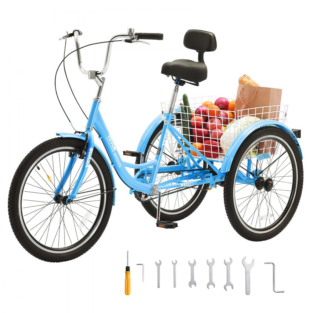 VEVOR Adult Tricycles Bike, 26 Inch Three-Wheeled Bicycles, 3 Wheel Bikes Trikes, Carbon Steel Cruiser Bike with Basket & Adjustable Seat, Picnic Shopping Tricycles for Seniors, Women, Men (Blue) 