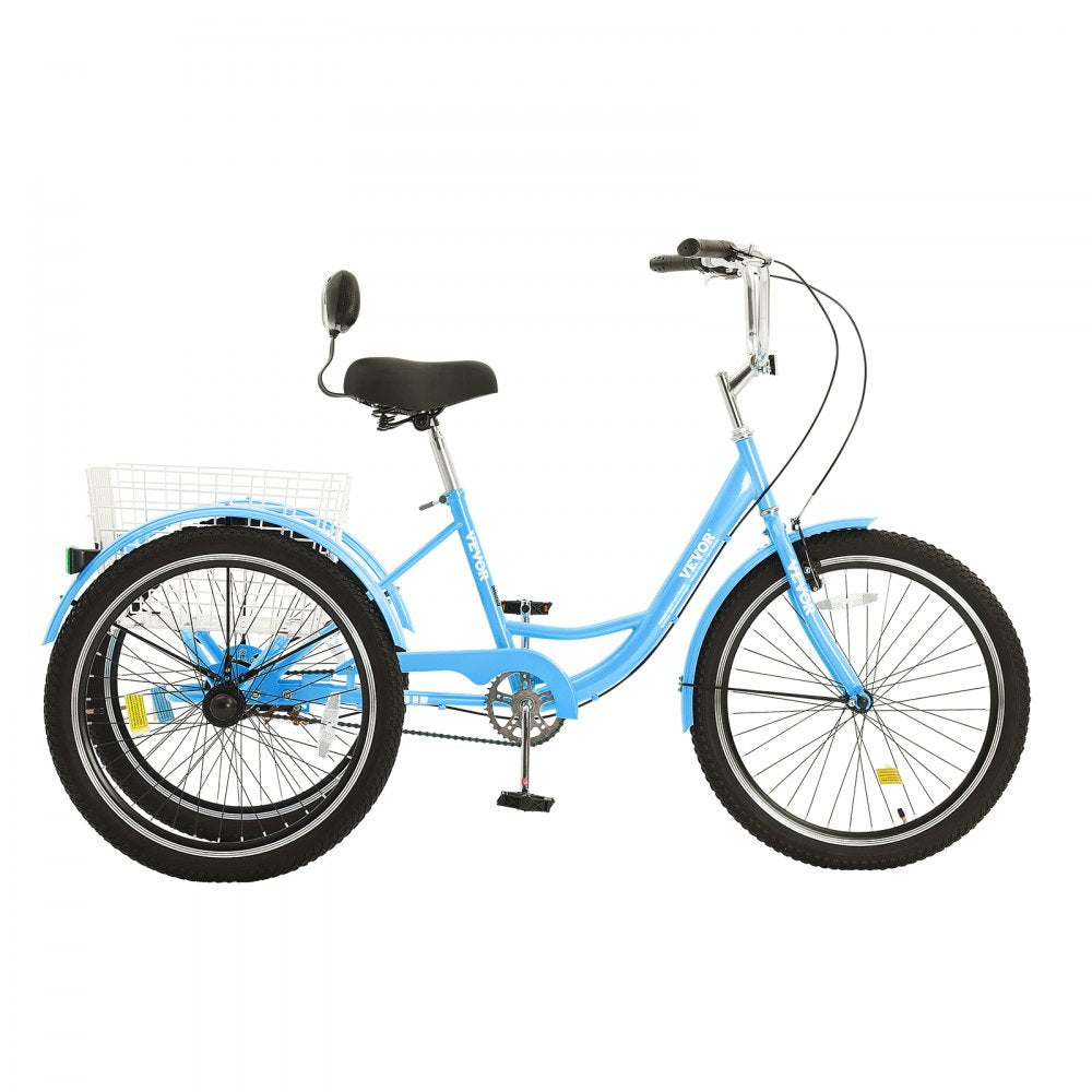 VEVOR Adult Tricycles Bike, 26 Inch Three-Wheeled Bicycles, 3 Wheel Bikes Trikes, Carbon Steel Cruiser Bike with Basket & Adjustable Seat, Picnic Shopping Tricycles for Seniors, Women, Men (Blue) 