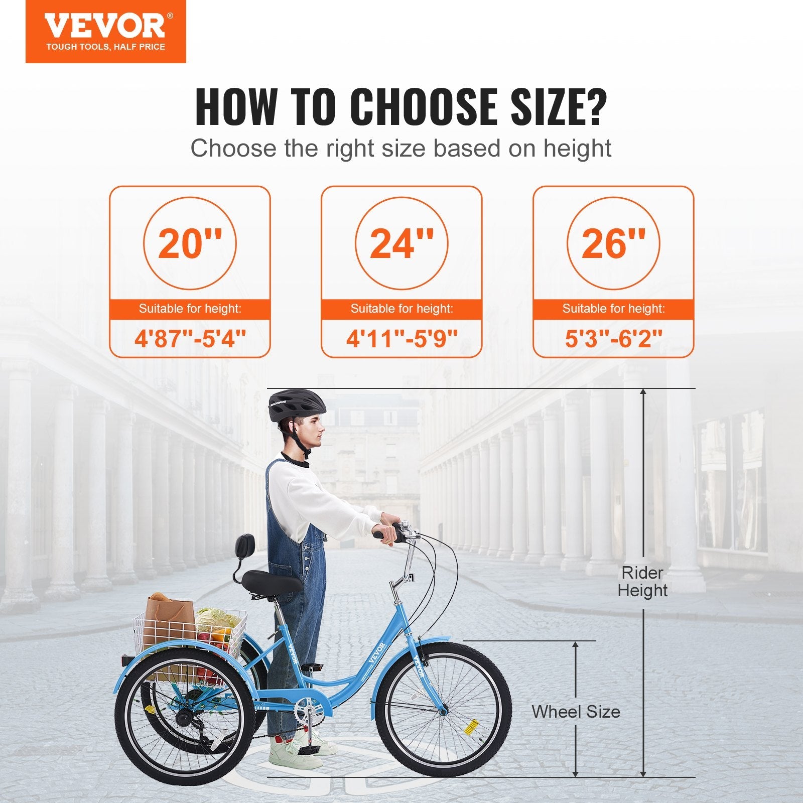 VEVOR Adult Tricycles Bike, 7 Speed Adult Trikes, 26 Inch Three-Wheeled Bicycles, Carbon Steel Cruiser Bike with Basket and Adjustable Seat, Picnic Shopping Tricycles for Seniors, Women, Men (Blue) 