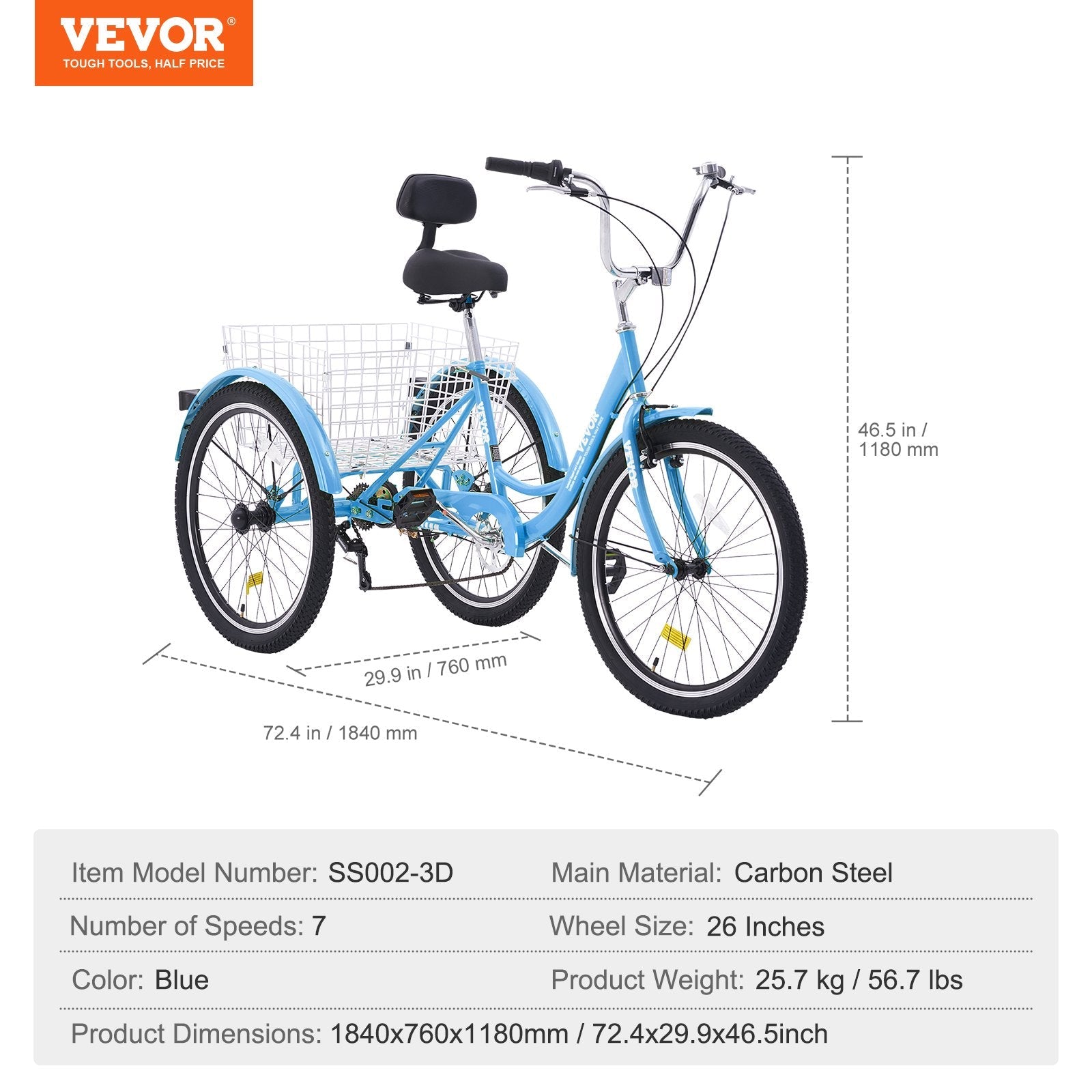 VEVOR Adult Tricycles Bike, 7 Speed Adult Trikes, 26 Inch Three-Wheeled Bicycles, Carbon Steel Cruiser Bike with Basket and Adjustable Seat, Picnic Shopping Tricycles for Seniors, Women, Men (Blue) 