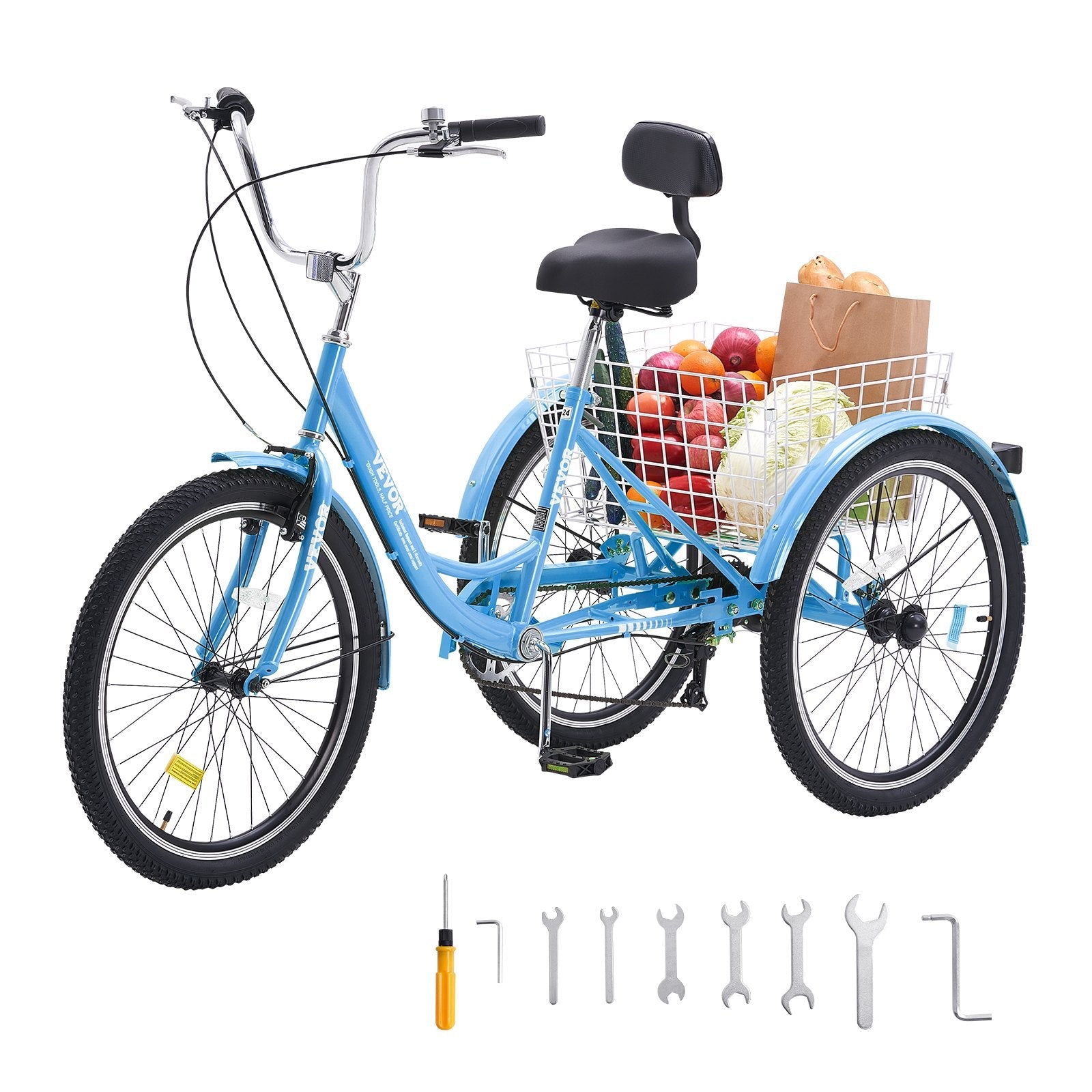 VEVOR Adult Tricycles Bike, 7 Speed Adult Trikes, 26 Inch Three-Wheeled Bicycles, Carbon Steel Cruiser Bike with Basket and Adjustable Seat, Picnic Shopping Tricycles for Seniors, Women, Men (Blue) 