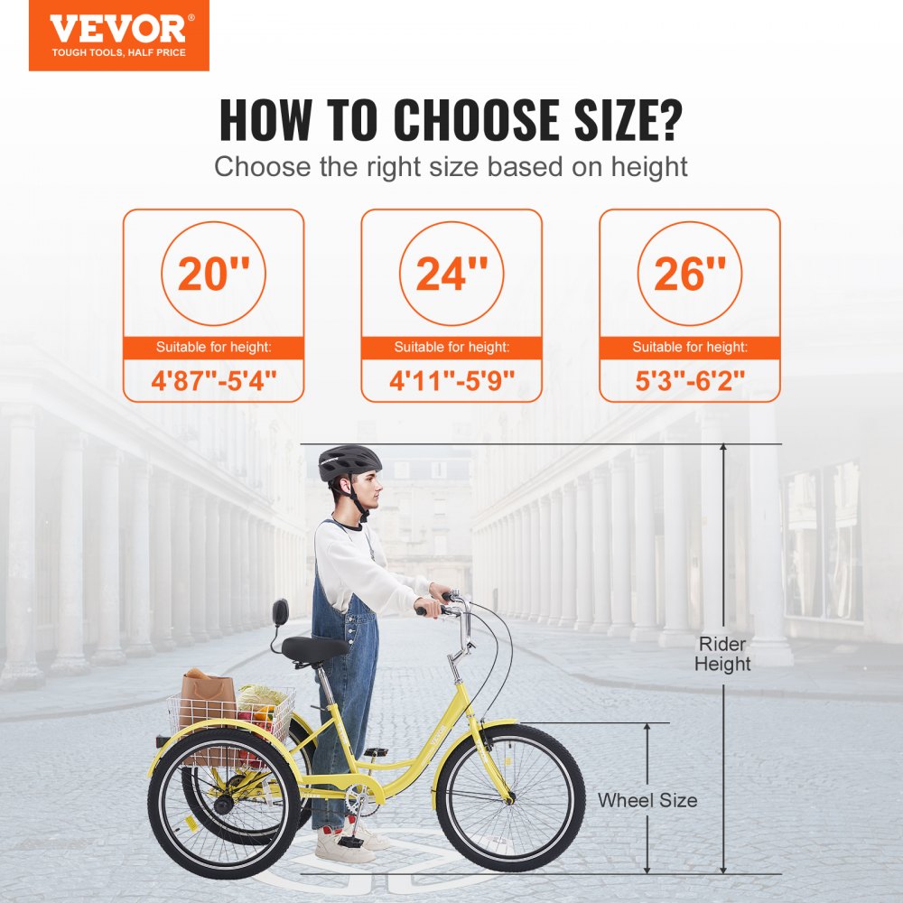 VEVOR Adult Tricycles Bike, 24 Inch Three-Wheeled Bicycles, 3 Wheel Bikes Trikes, Carbon Steel Cruiser Bike with Basket & Adjustable Seat, Picnic Shopping Tricycles for Seniors, Women, Men (Yellow) 