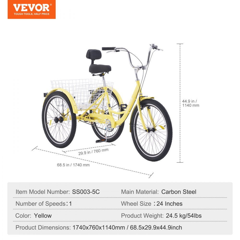 VEVOR Adult Tricycles Bike, 24 Inch Three-Wheeled Bicycles, 3 Wheel Bikes Trikes, Carbon Steel Cruiser Bike with Basket & Adjustable Seat, Picnic Shopping Tricycles for Seniors, Women, Men (Yellow) 