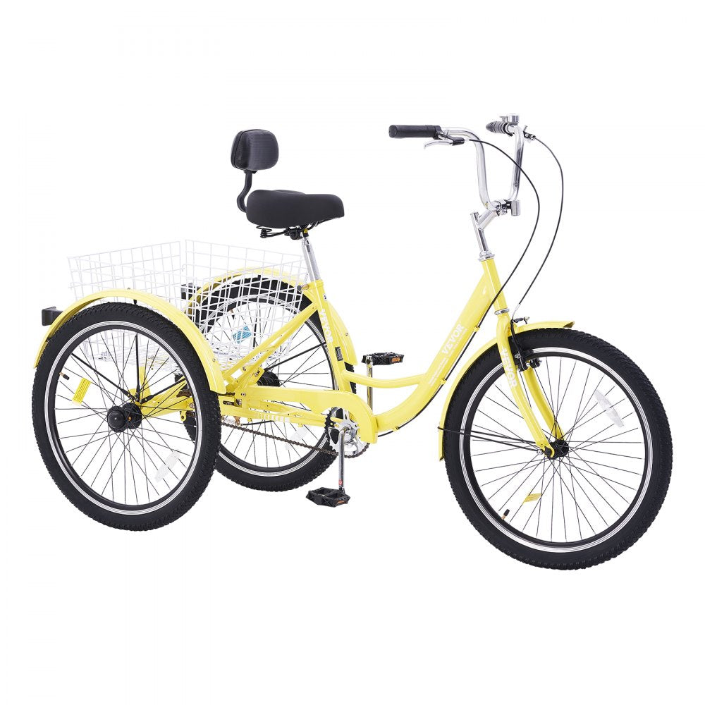 VEVOR Adult Tricycles Bike, 24 Inch Three-Wheeled Bicycles, 3 Wheel Bikes Trikes, Carbon Steel Cruiser Bike with Basket & Adjustable Seat, Picnic Shopping Tricycles for Seniors, Women, Men (Yellow) 