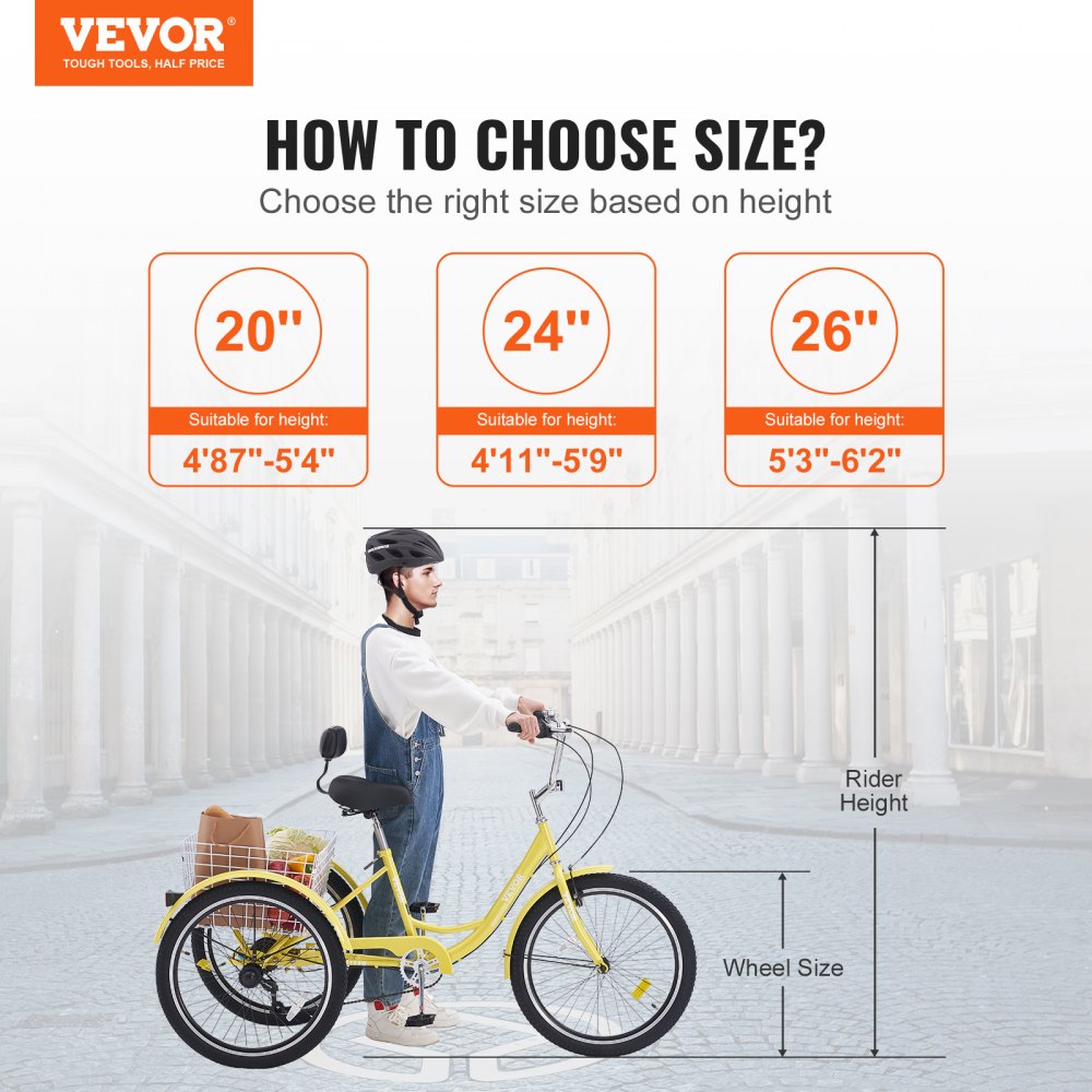 VEVOR Adult Tricycles Bike, 7 Speed Adult Trikes, 24 Inch Three-Wheeled Bicycles, Carbon Steel Cruiser Bike with Basket and Adjustable Seat, Picnic Shopping Tricycles for Seniors, Women, Men  (Yellow) 