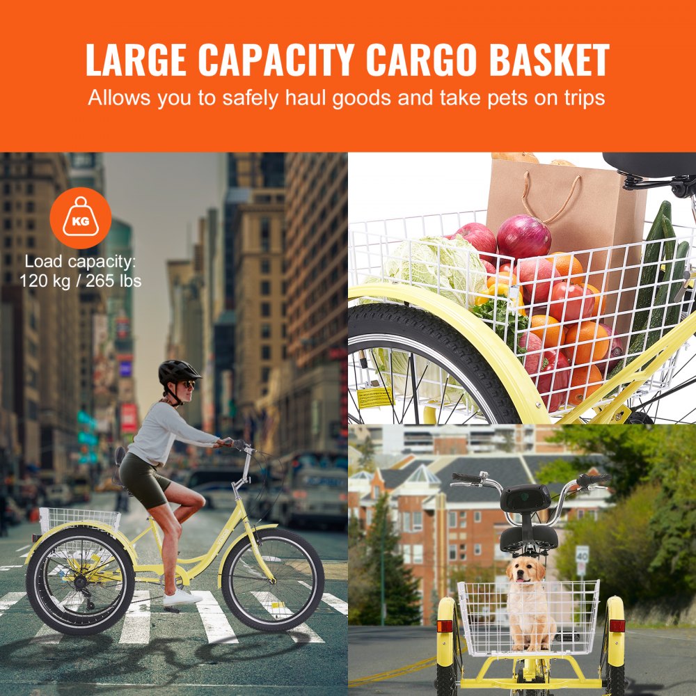 VEVOR Adult Tricycles Bike, 7 Speed Adult Trikes, 24 Inch Three-Wheeled Bicycles, Carbon Steel Cruiser Bike with Basket and Adjustable Seat, Picnic Shopping Tricycles for Seniors, Women, Men  (Yellow) 