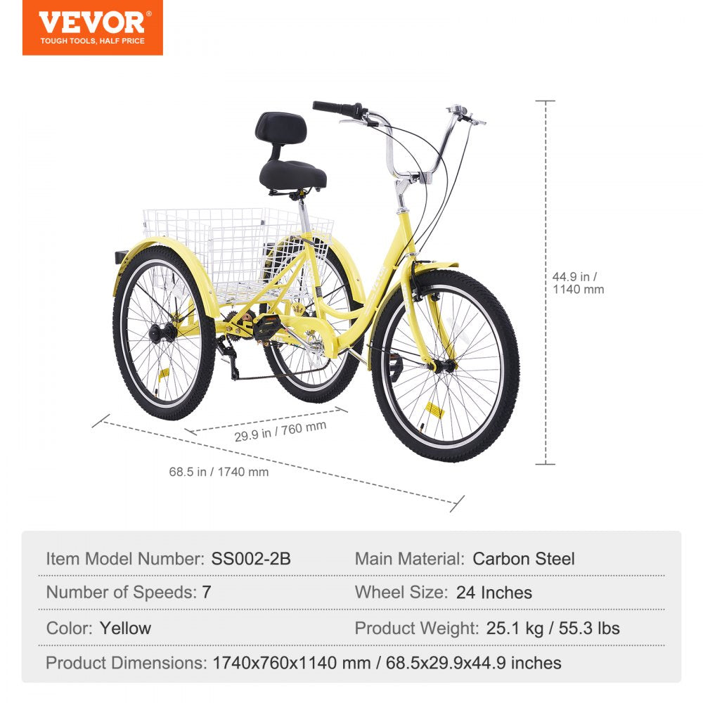 VEVOR Adult Tricycles Bike, 7 Speed Adult Trikes, 24 Inch Three-Wheeled Bicycles, Carbon Steel Cruiser Bike with Basket and Adjustable Seat, Picnic Shopping Tricycles for Seniors, Women, Men  (Yellow) 