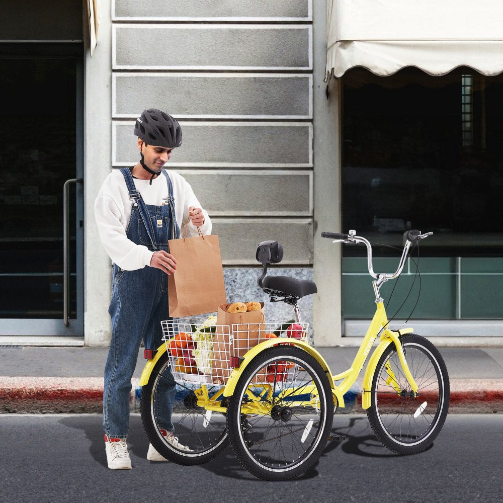 VEVOR Adult Tricycles Bike, 7 Speed Adult Trikes, 24 Inch Three-Wheeled Bicycles, Carbon Steel Cruiser Bike with Basket and Adjustable Seat, Picnic Shopping Tricycles for Seniors, Women, Men  (Yellow) 